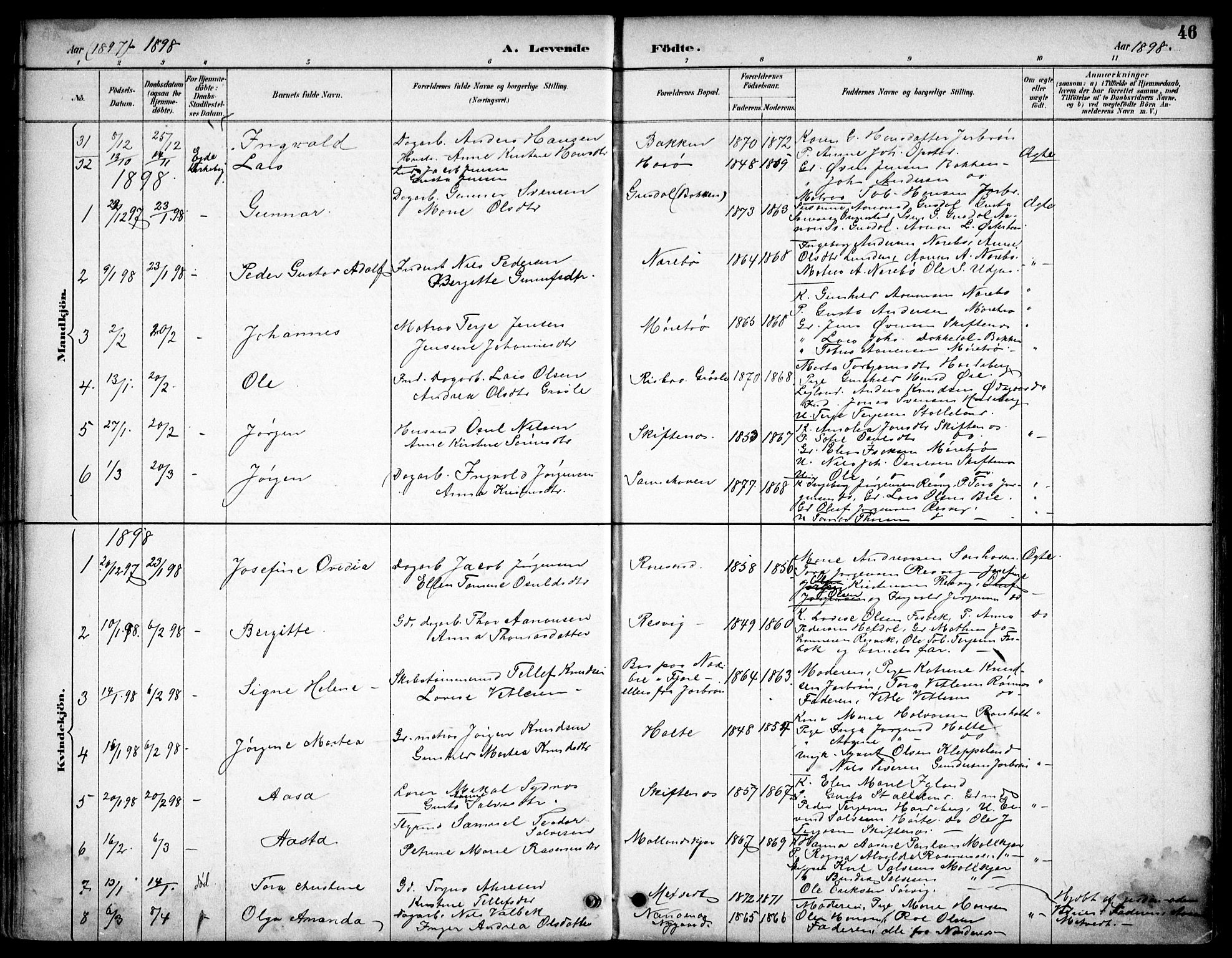 Hommedal sokneprestkontor, SAK/1111-0023/F/Fb/Fbb/L0007: Parish register (copy) no. B 7, 1885-1904, p. 46