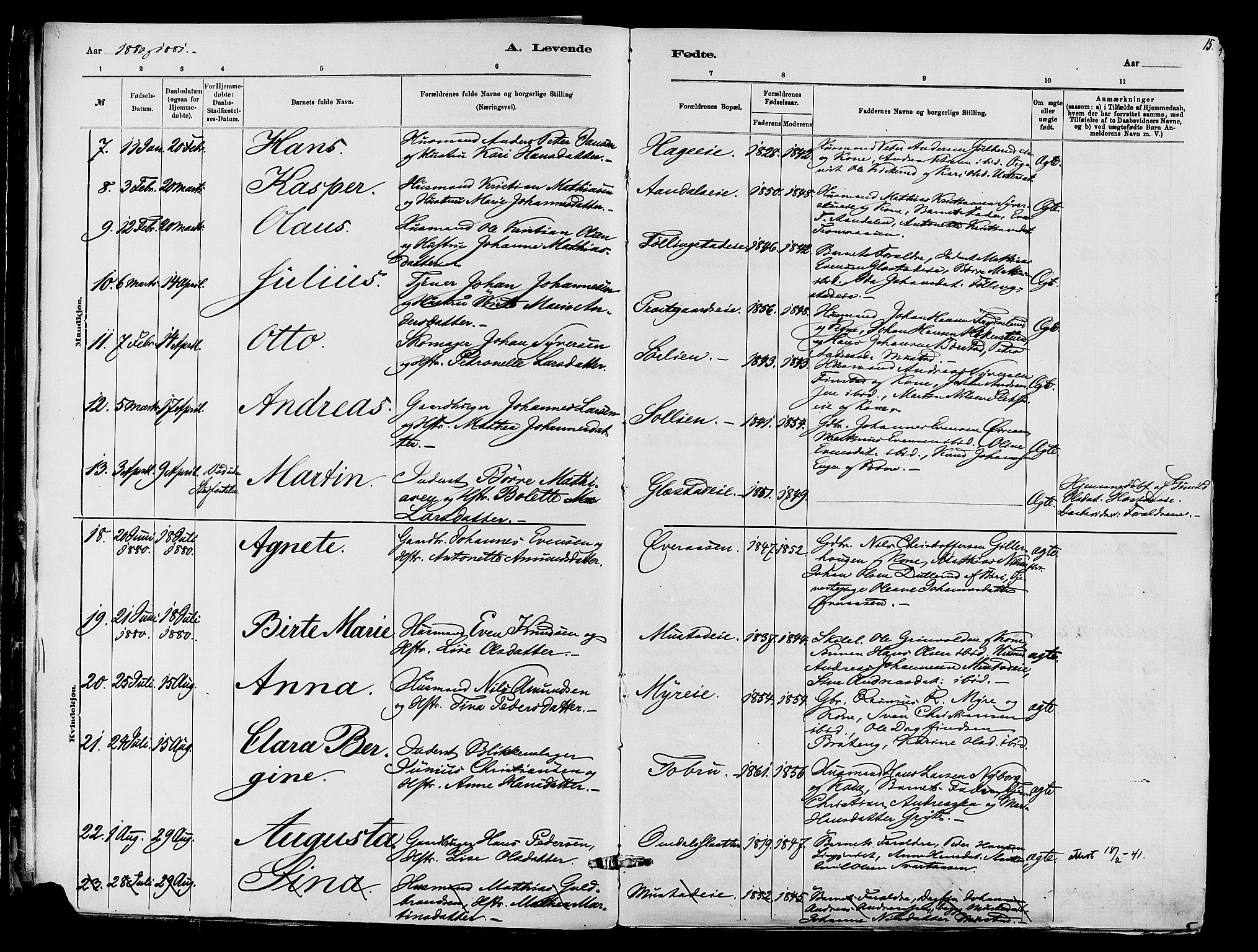Vardal prestekontor, SAH/PREST-100/H/Ha/Haa/L0010: Parish register (official) no. 10, 1878-1893, p. 15