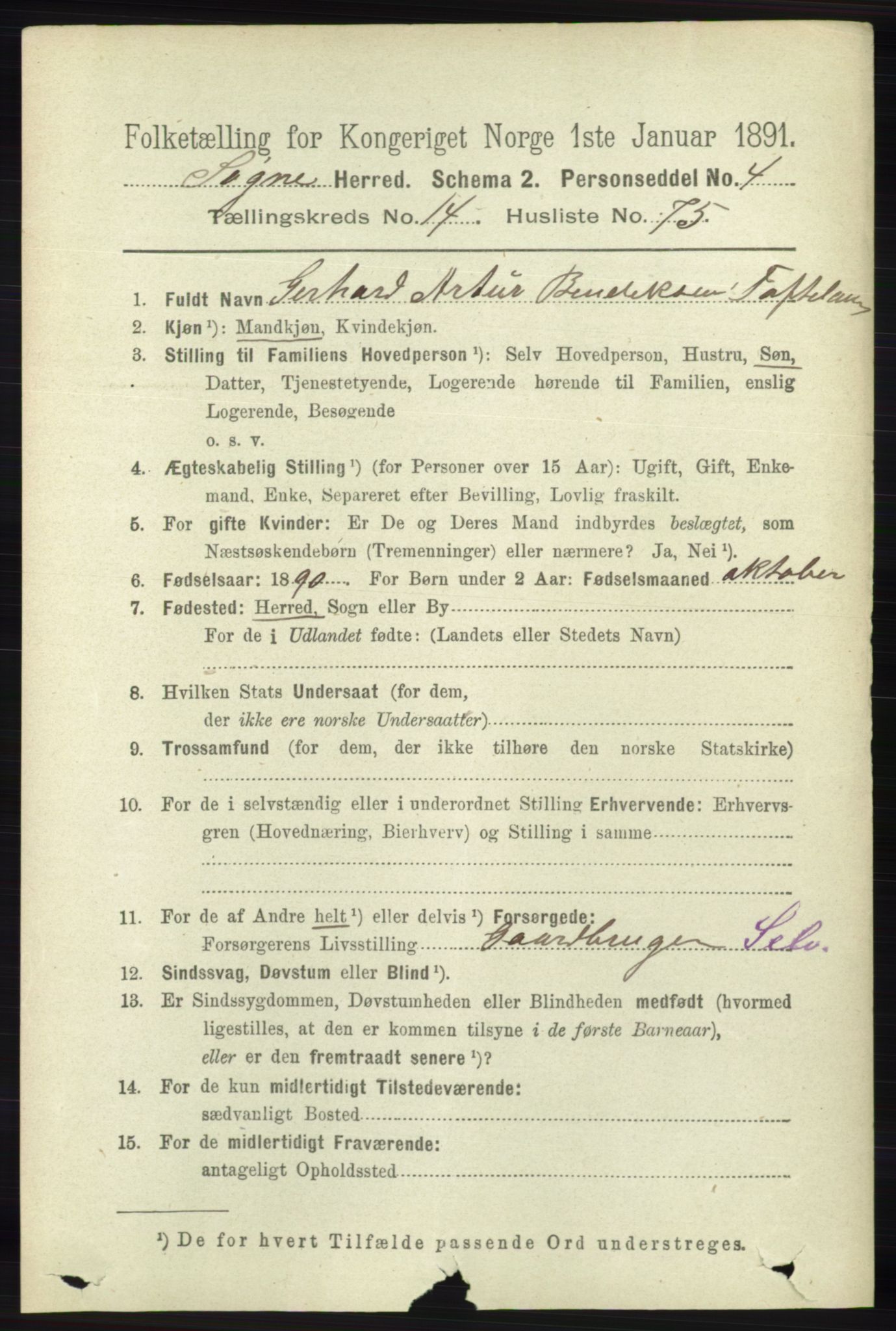 RA, 1891 census for 1018 Søgne, 1891, p. 3794