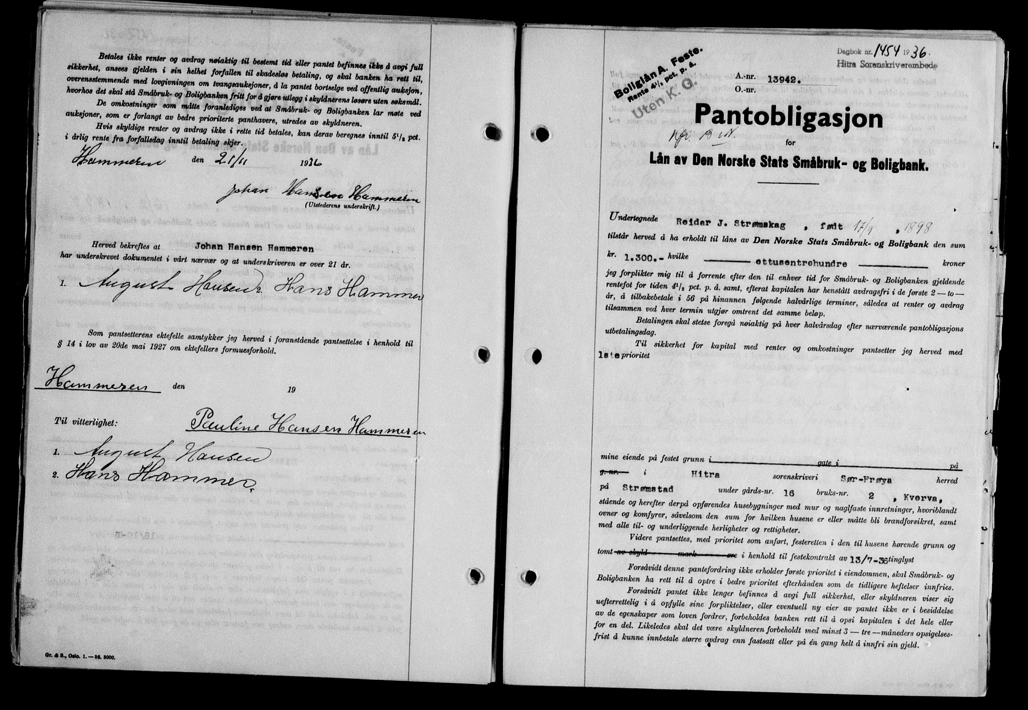 Hitra sorenskriveri, AV/SAT-A-0018/2/2C/2Ca/L0028: Mortgage book no. B-1, 1936-1939, Diary no: : 1454/1936