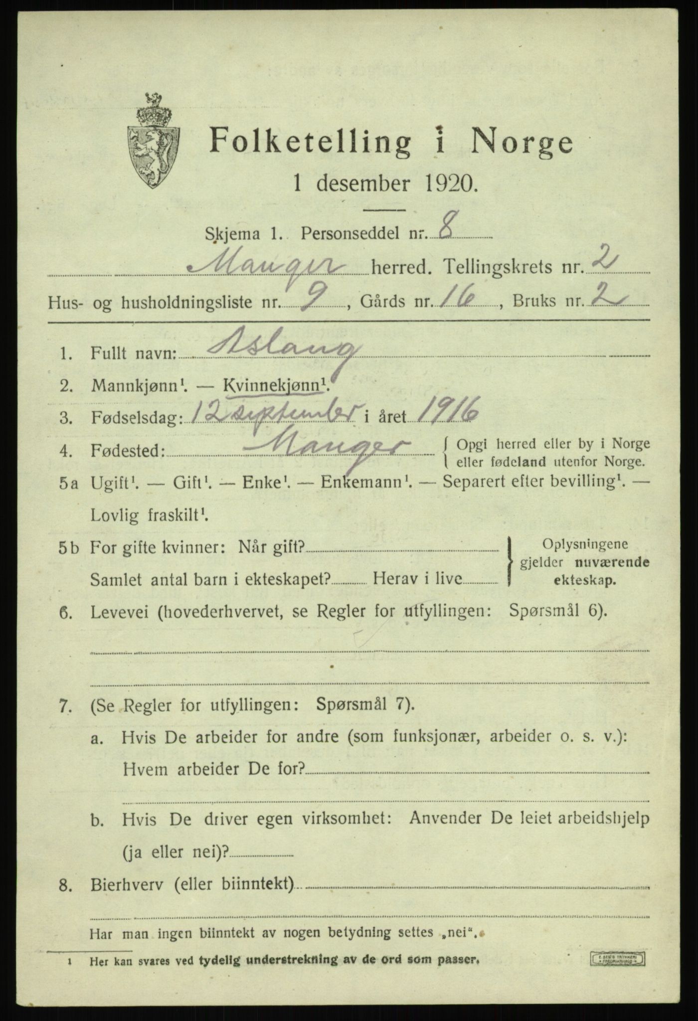 SAB, 1920 census for Manger, 1920, p. 2091