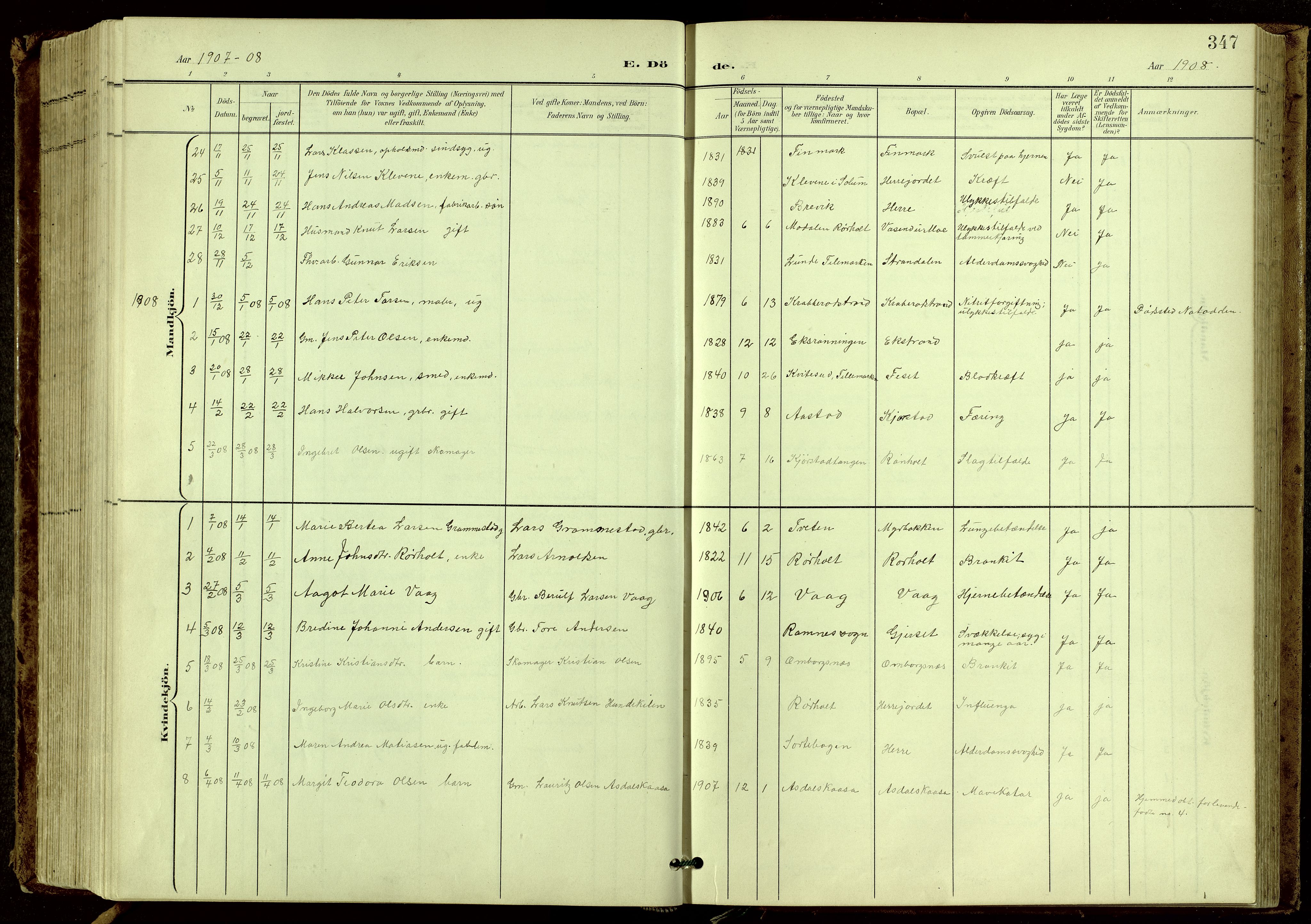 Bamble kirkebøker, SAKO/A-253/G/Ga/L0010: Parish register (copy) no. I 10, 1901-1919, p. 347