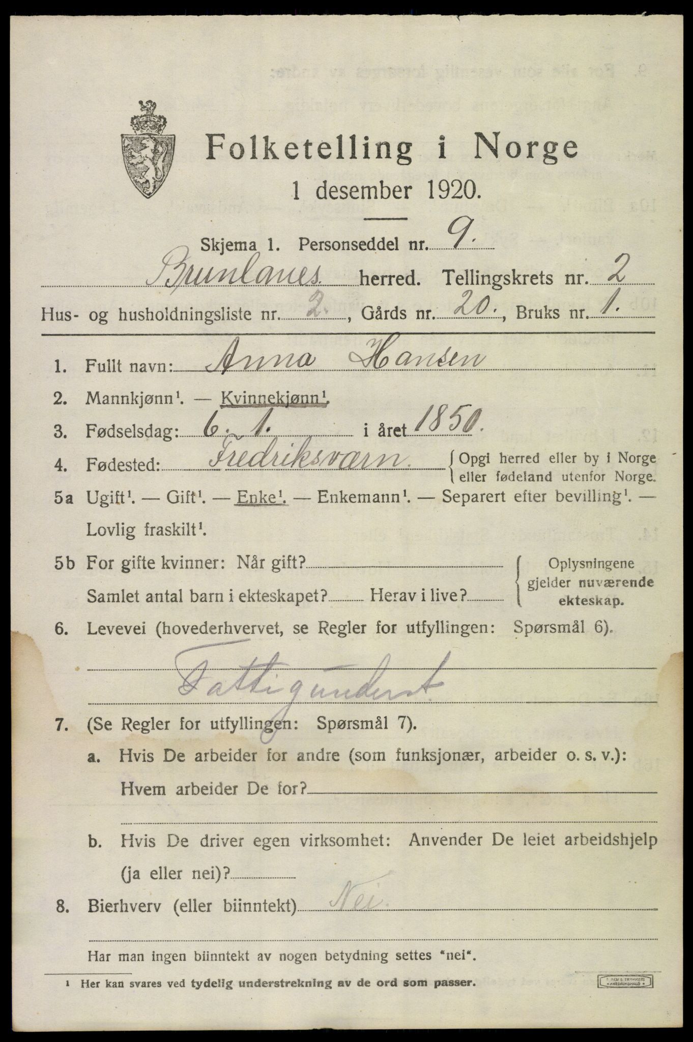 SAKO, 1920 census for Brunlanes, 1920, p. 3337