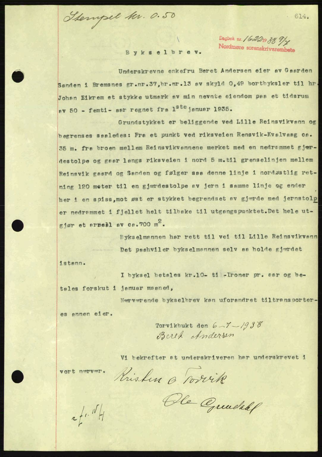 Nordmøre sorenskriveri, AV/SAT-A-4132/1/2/2Ca: Mortgage book no. B83, 1938-1938, Diary no: : 1622/1938