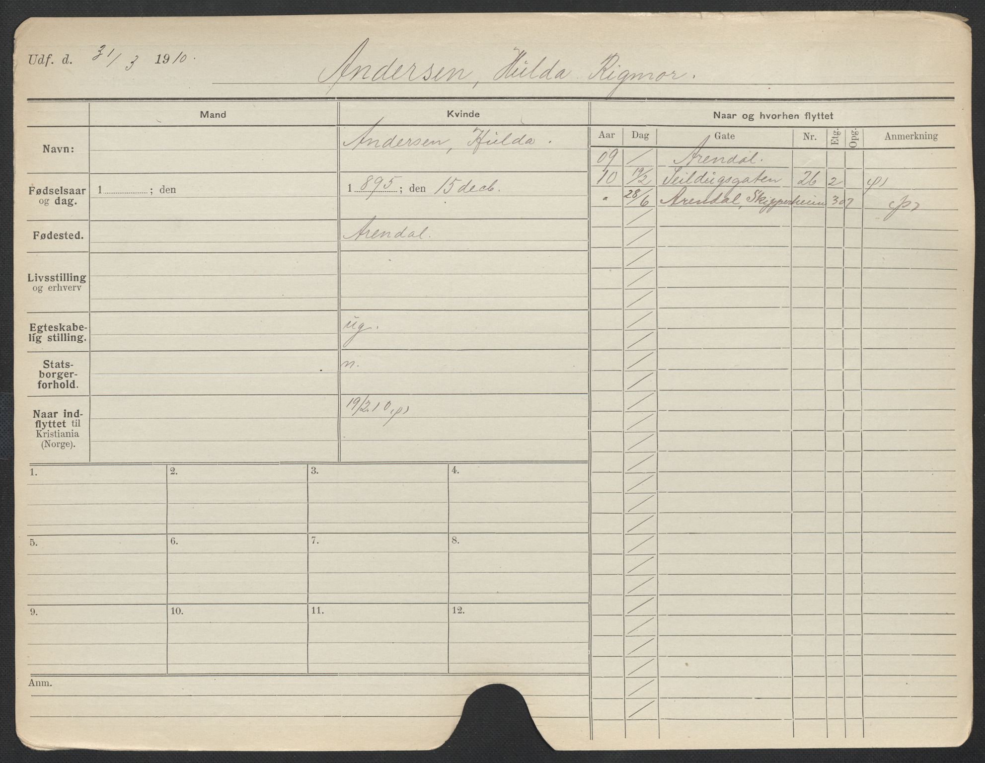 Oslo folkeregister, Registerkort, SAO/A-11715/F/Fa/Fac/L0012: Kvinner, 1906-1914, p. 452a