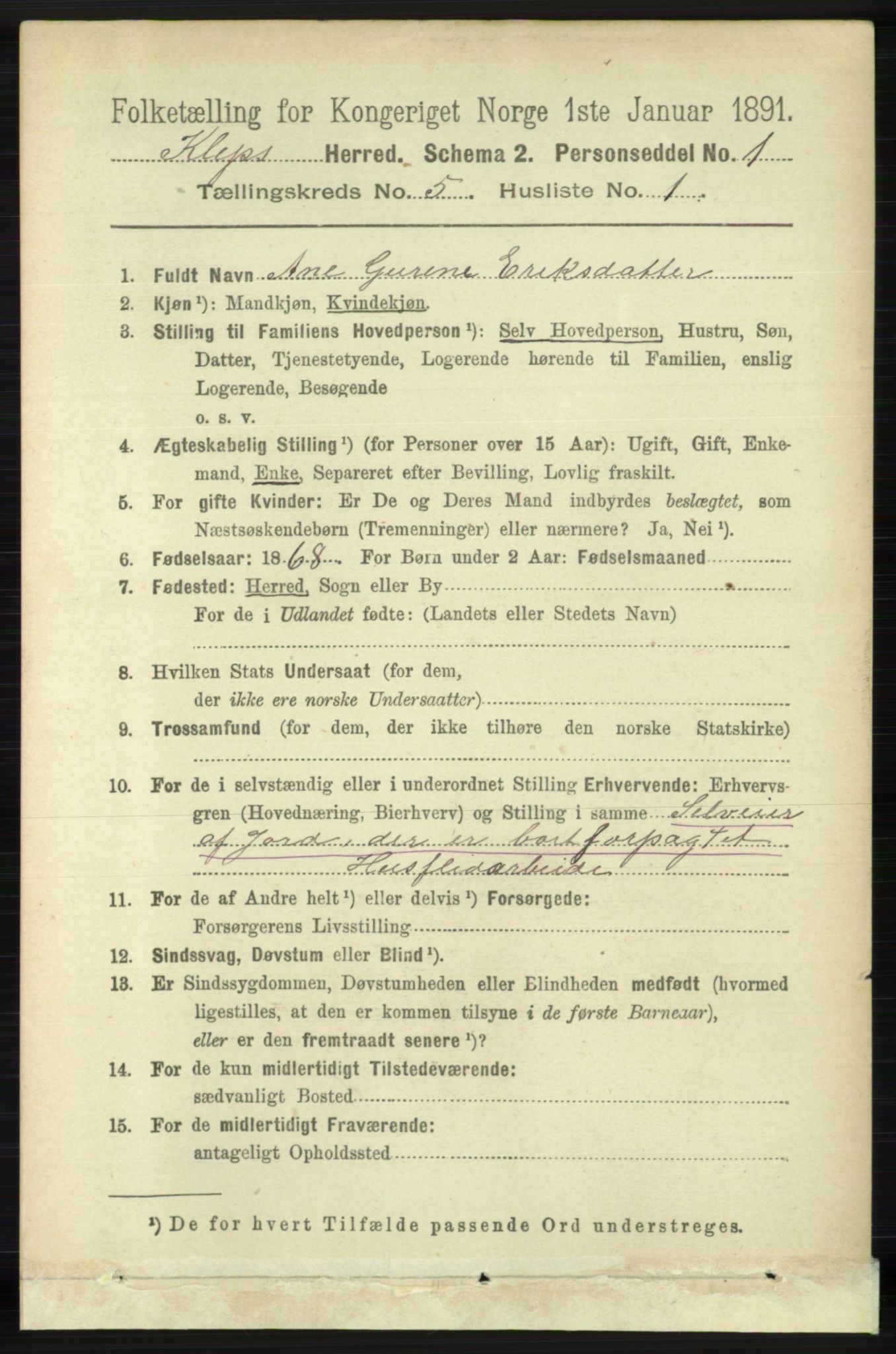 RA, 1891 census for 1120 Klepp, 1891, p. 1340