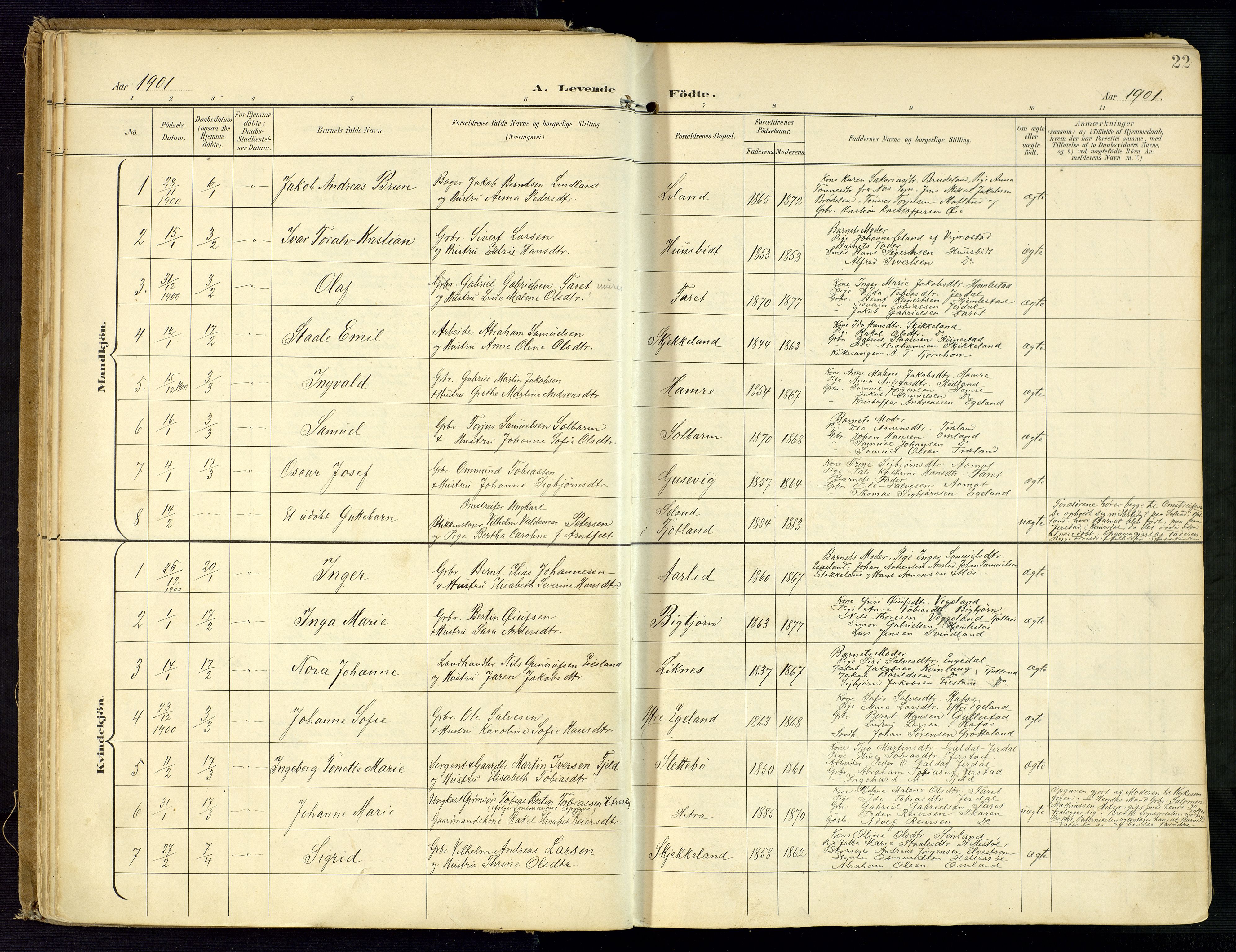 Kvinesdal sokneprestkontor, AV/SAK-1111-0026/F/Fa/Fab/L0009: Parish register (official) no. A 9, 1898-1915, p. 22