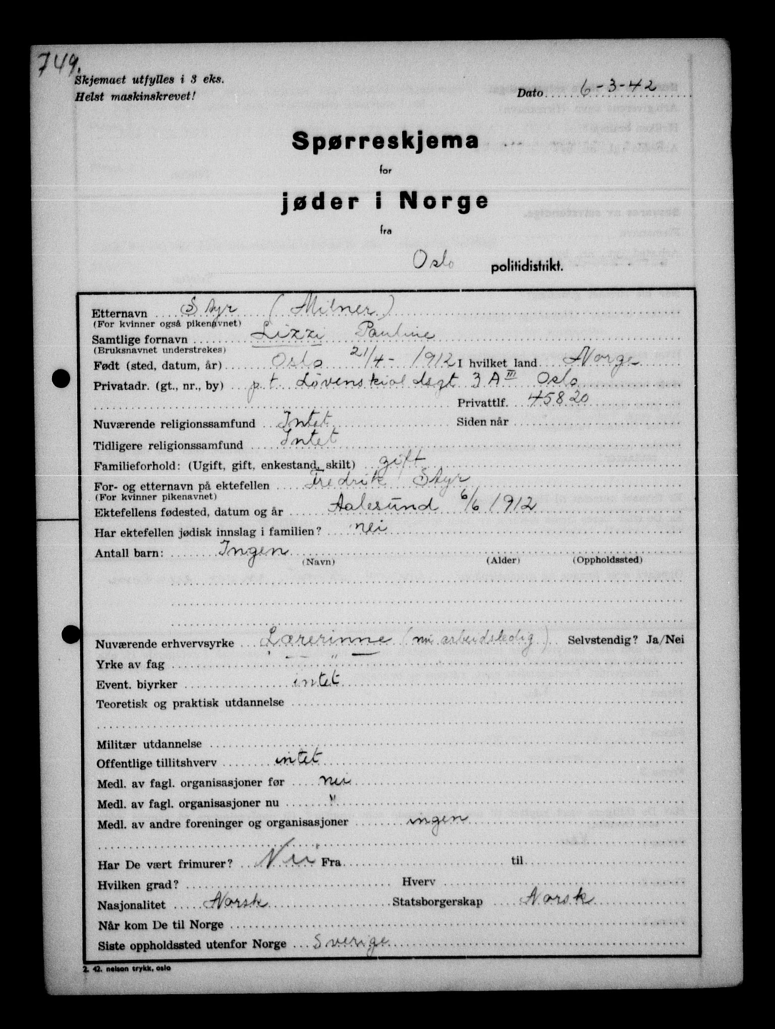 Statspolitiet - Hovedkontoret / Osloavdelingen, AV/RA-S-1329/G/Ga/L0011: Spørreskjema for jøder i Norge. 1: Oslo 610-806 (Plavnik-Zwillinger). 2: Aker 1-113 (Adler-Lewin). , 1942, p. 413