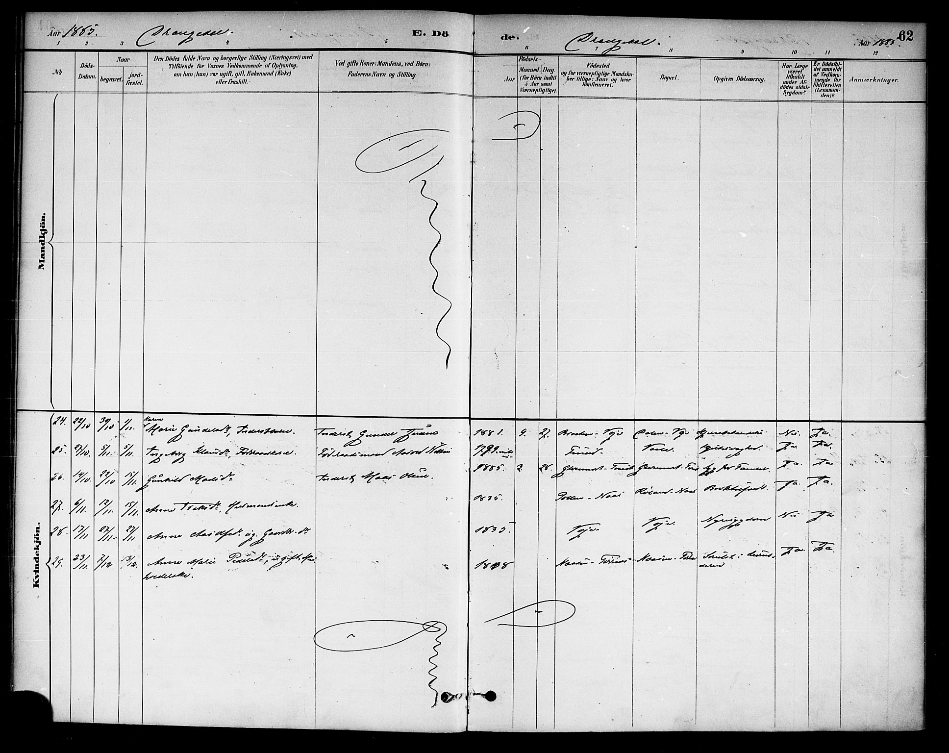 Drangedal kirkebøker, SAKO/A-258/F/Fa/L0011: Parish register (official) no. 11 /1, 1885-1894, p. 62