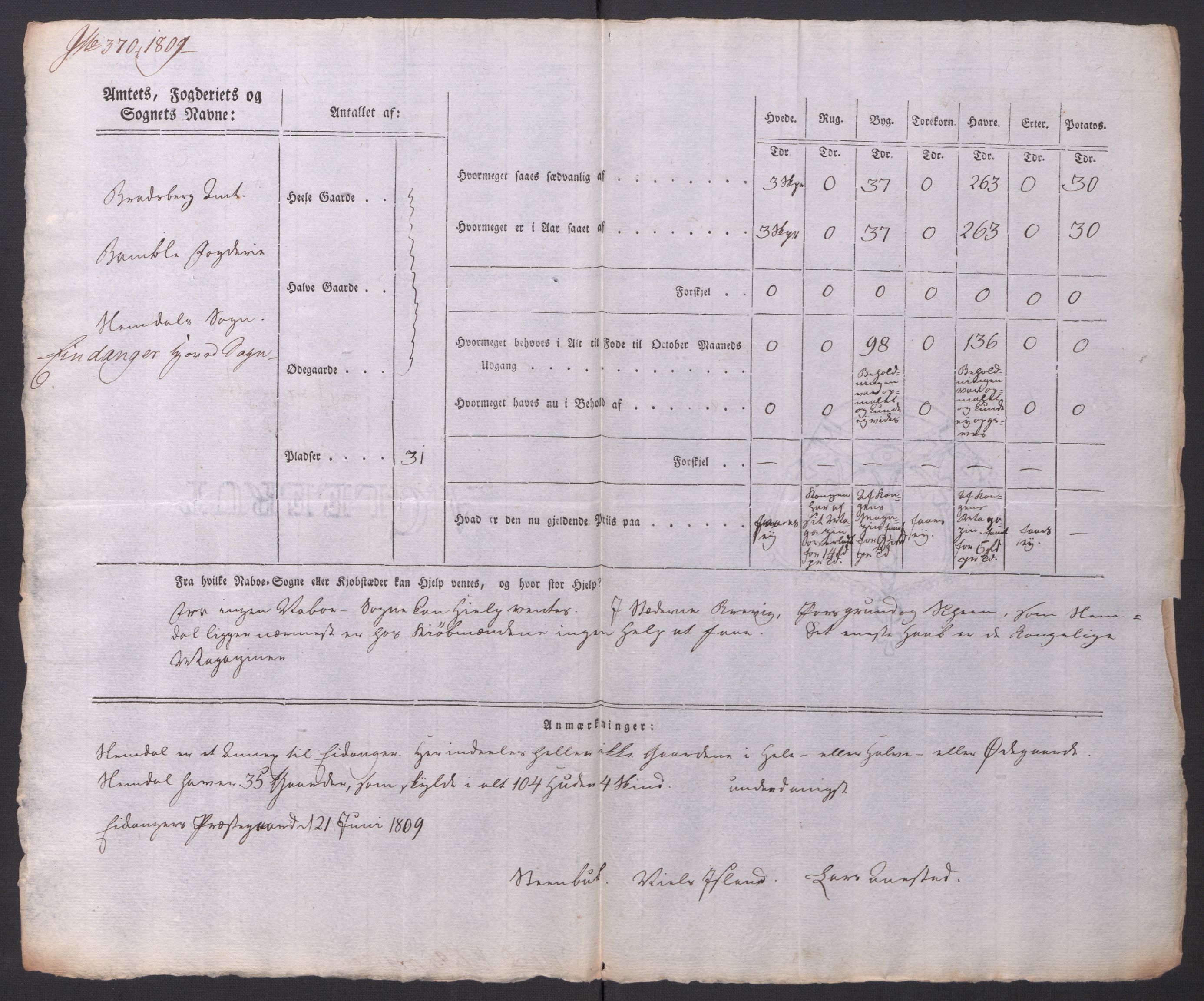 Regjeringskommisjonen 1807-1810, 1. kontor/byrå, AV/RA-EA-2871/Dd/L0014: Kornavl: De utfyldte skjemaer fra sognekommisjonene i Kristiania og Kristiansand stift, 1809, p. 299