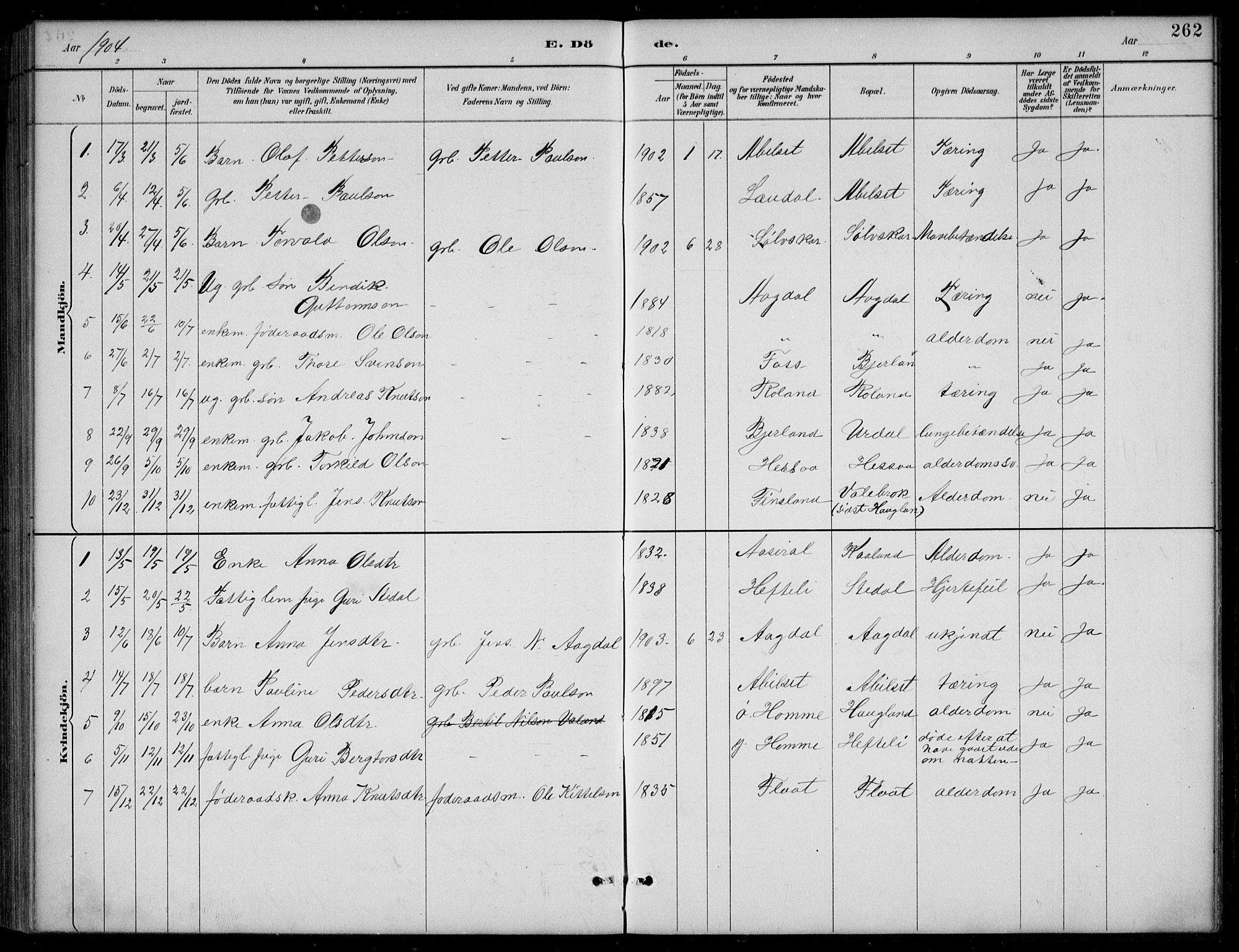 Bjelland sokneprestkontor, AV/SAK-1111-0005/F/Fb/Fba/L0005: Parish register (copy) no. B 5, 1887-1923, p. 262