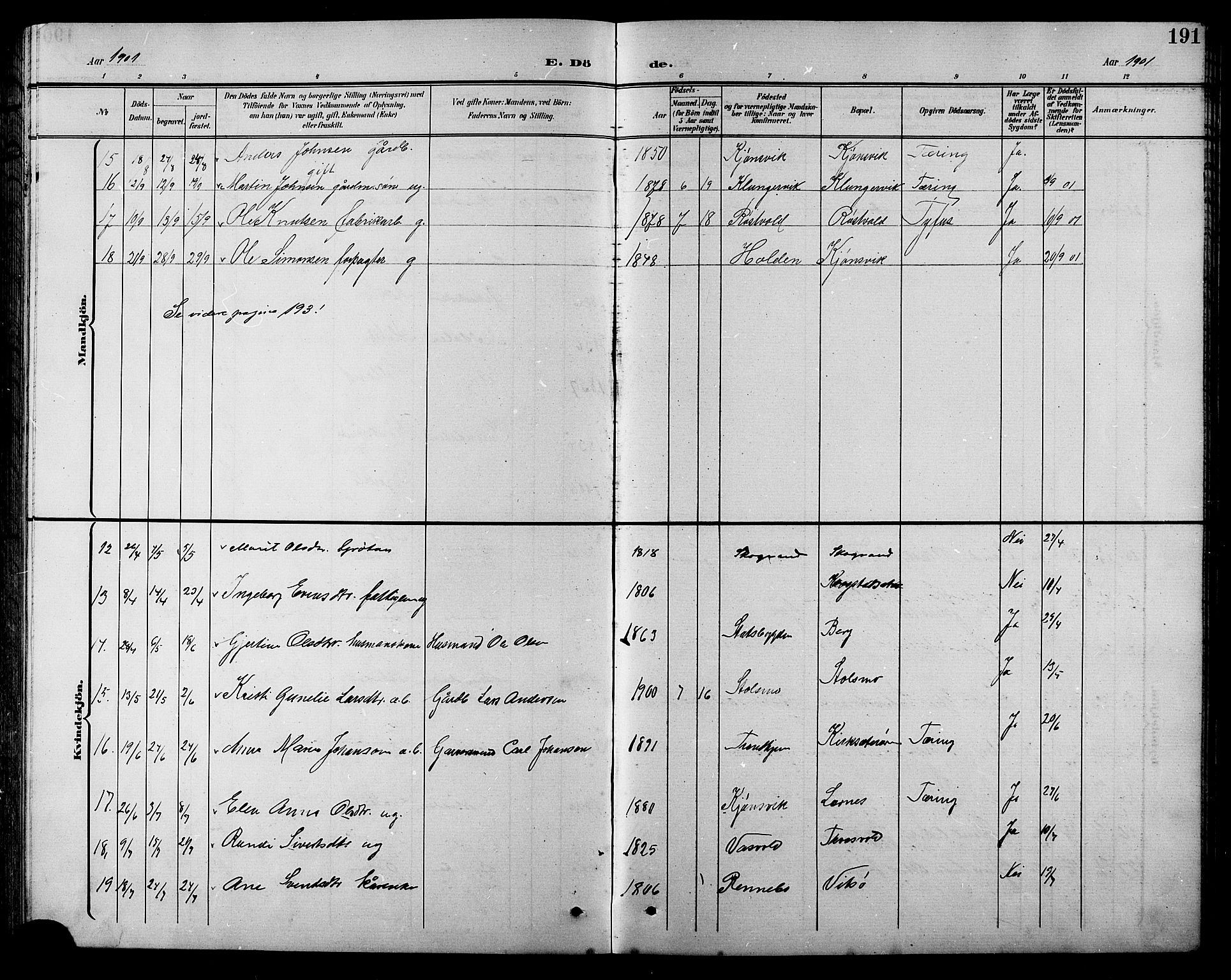 Ministerialprotokoller, klokkerbøker og fødselsregistre - Sør-Trøndelag, SAT/A-1456/630/L0505: Parish register (copy) no. 630C03, 1899-1914, p. 191