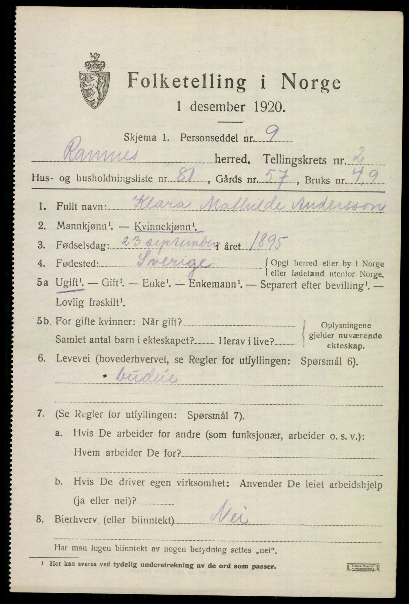 SAKO, 1920 census for Ramnes, 1920, p. 2888