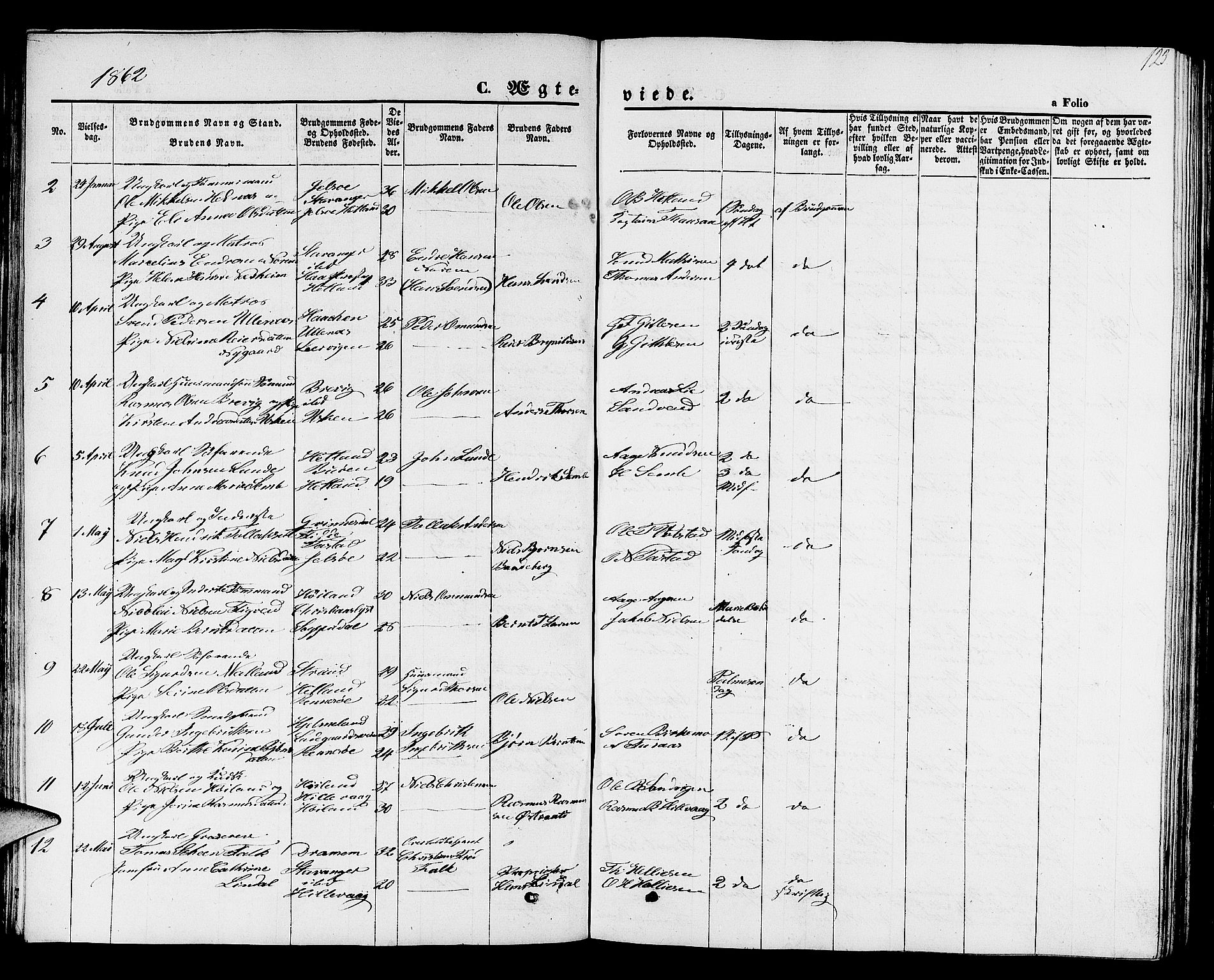 Hetland sokneprestkontor, AV/SAST-A-101826/30/30BB/L0001: Parish register (copy) no. B 1, 1850-1868, p. 123