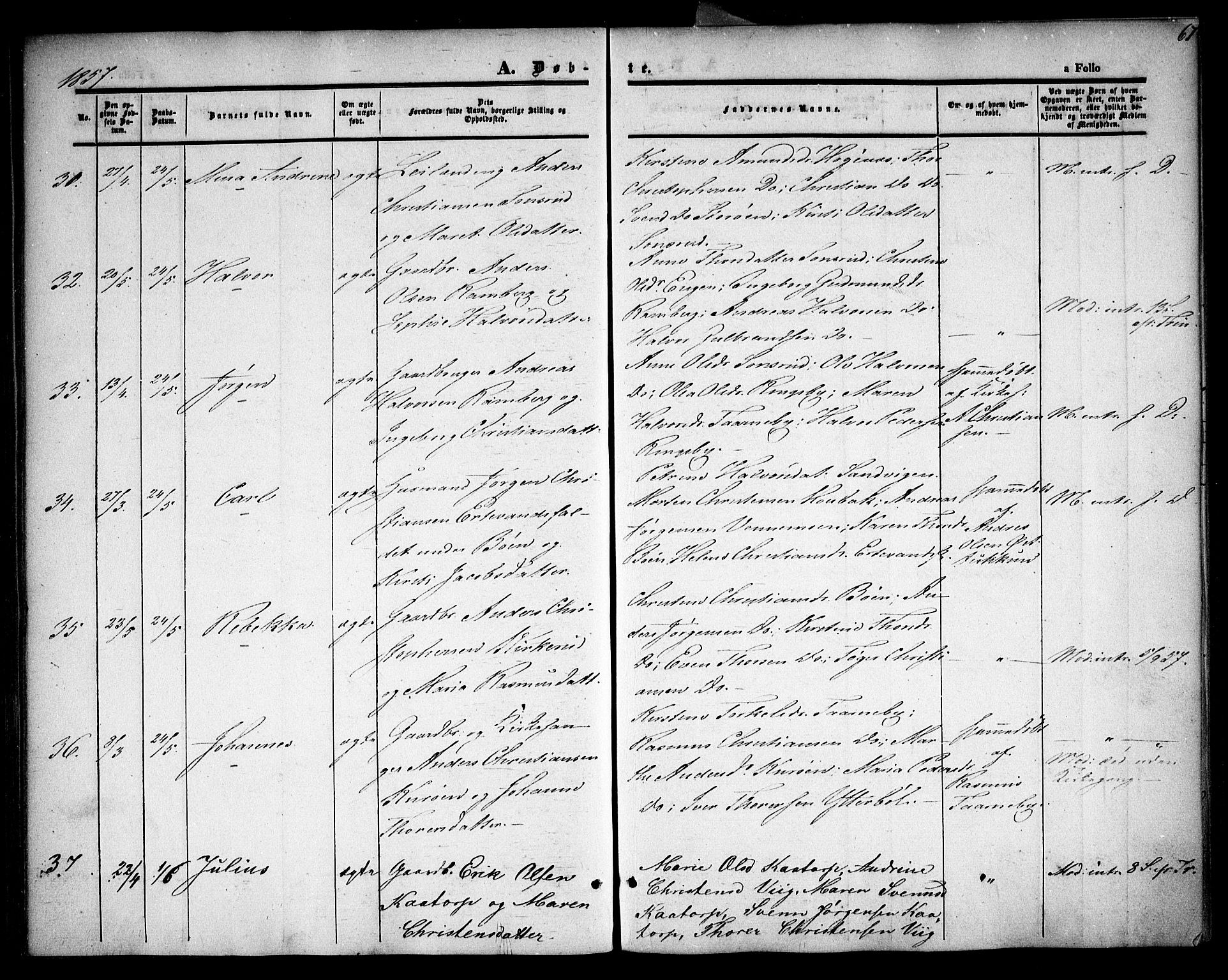 Rødenes prestekontor Kirkebøker, AV/SAO-A-2005/F/Fa/L0006: Parish register (official) no. I 6, 1850-1859, p. 67