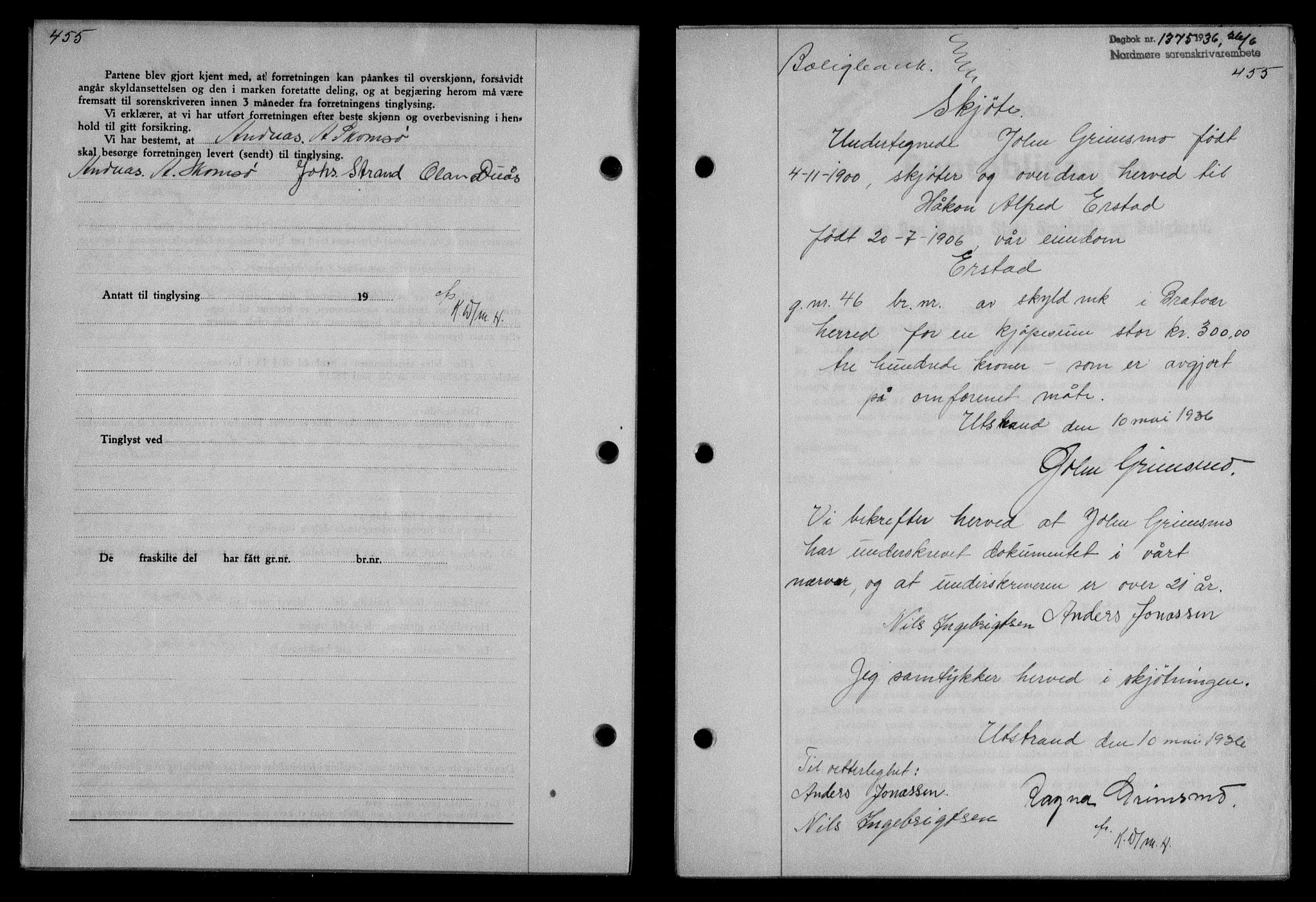 Nordmøre sorenskriveri, AV/SAT-A-4132/1/2/2Ca/L0088: Mortgage book no. 78, 1936-1936, Diary no: : 1375/1936