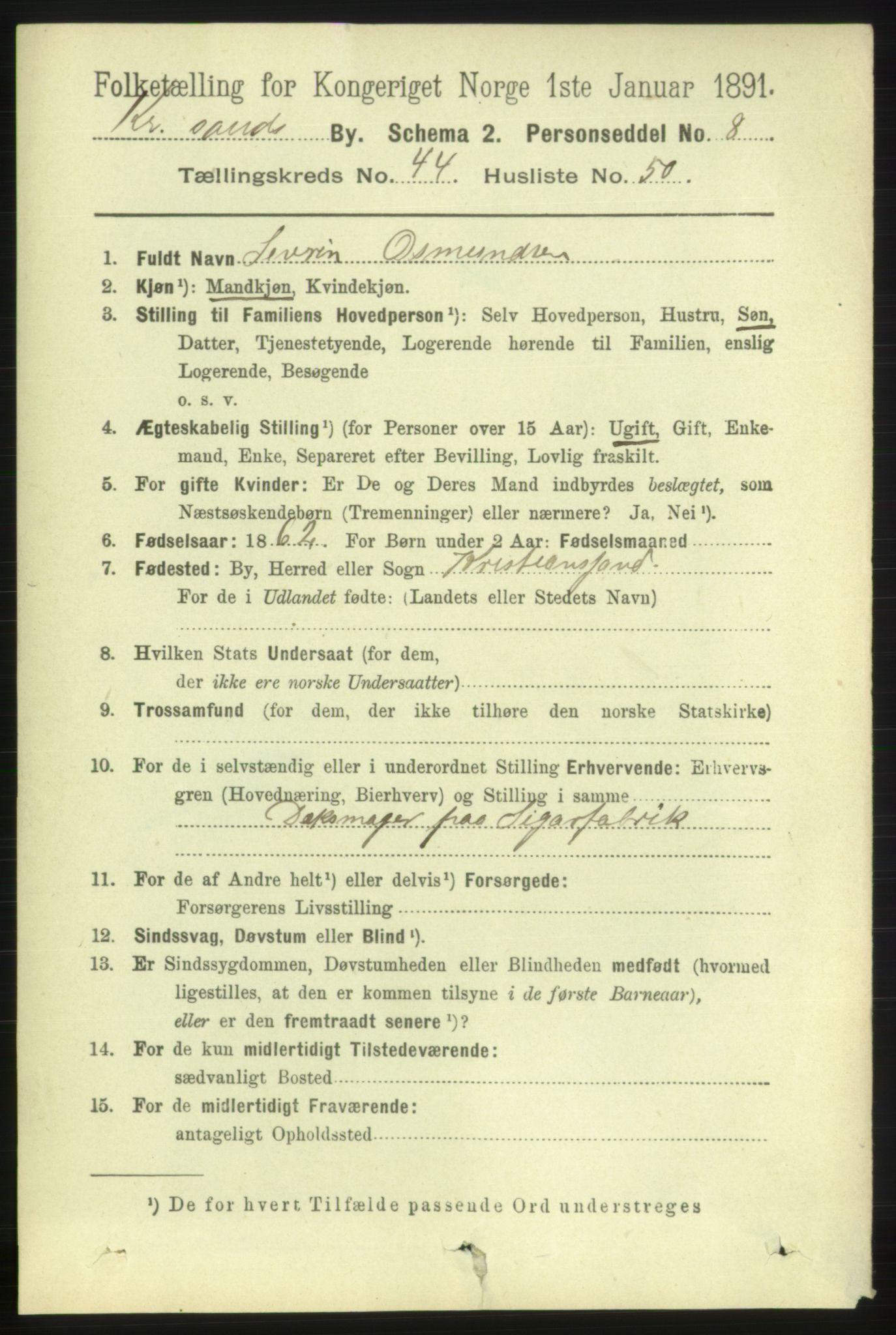 RA, 1891 census for 1001 Kristiansand, 1891, p. 13905