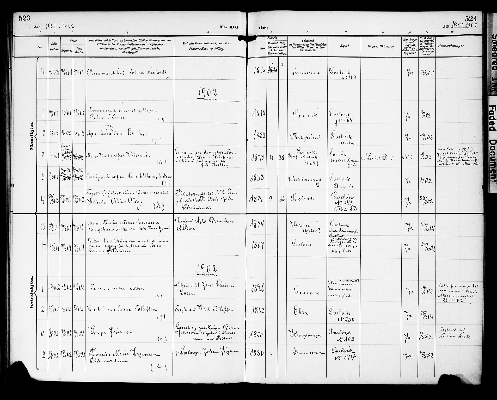 Strømm kirkebøker, AV/SAKO-A-322/G/Gb/L0002: Parish register (copy) no. II 2, 1897-1928, p. 523-524