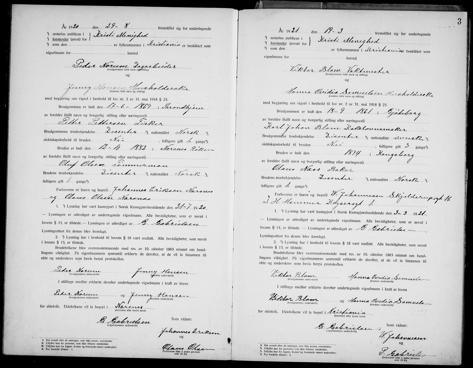 Kristi menighet Oslo , SAO/PAO-0220/D/L0002: Marriage register (dissenter) no. 2, 1920-1936, p. 3