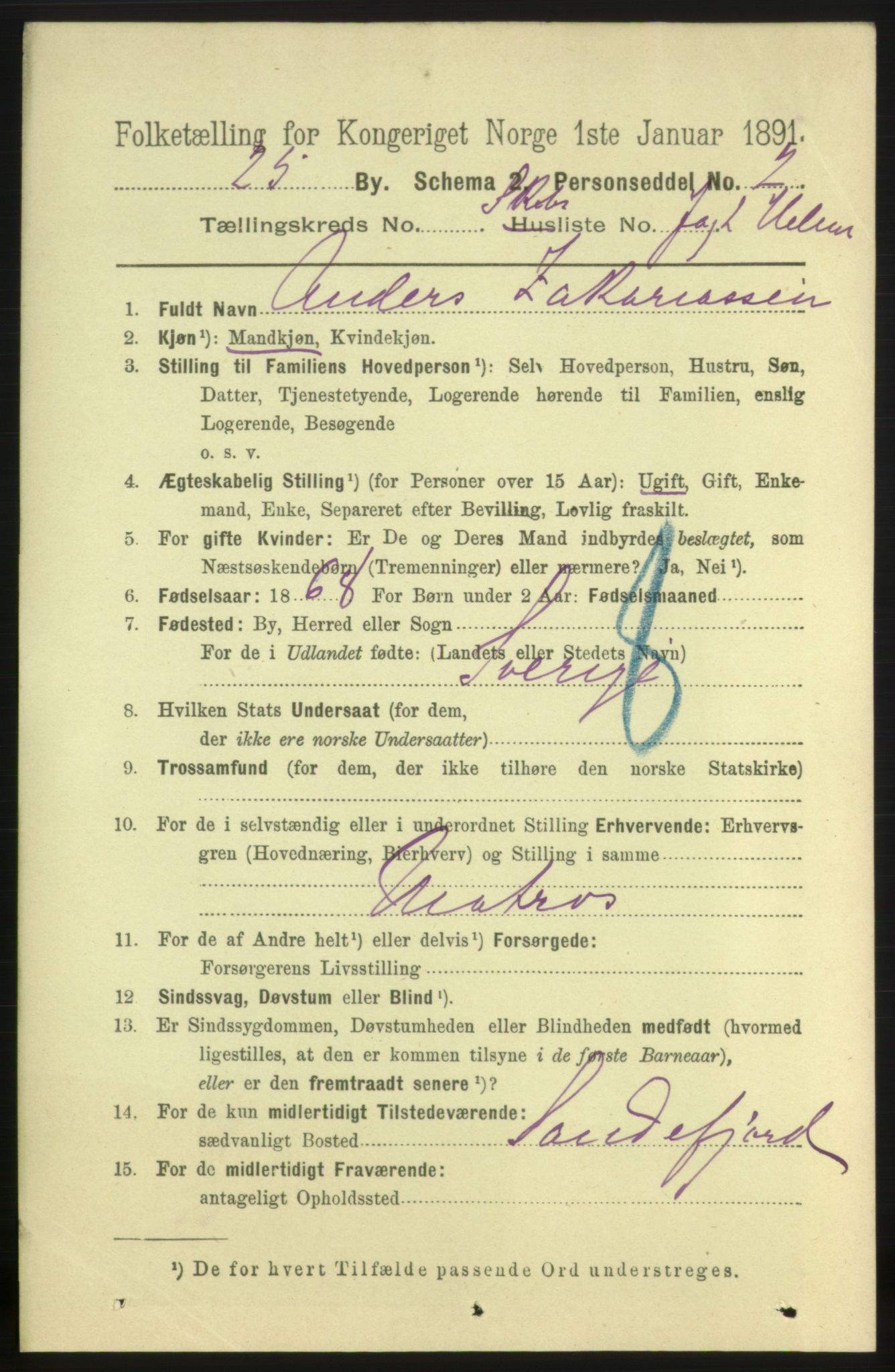 RA, 1891 census for 0801 Kragerø, 1891, p. 7638