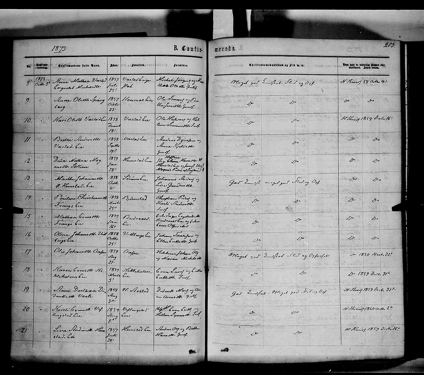 Stange prestekontor, SAH/PREST-002/K/L0013: Parish register (official) no. 13, 1862-1879, p. 203