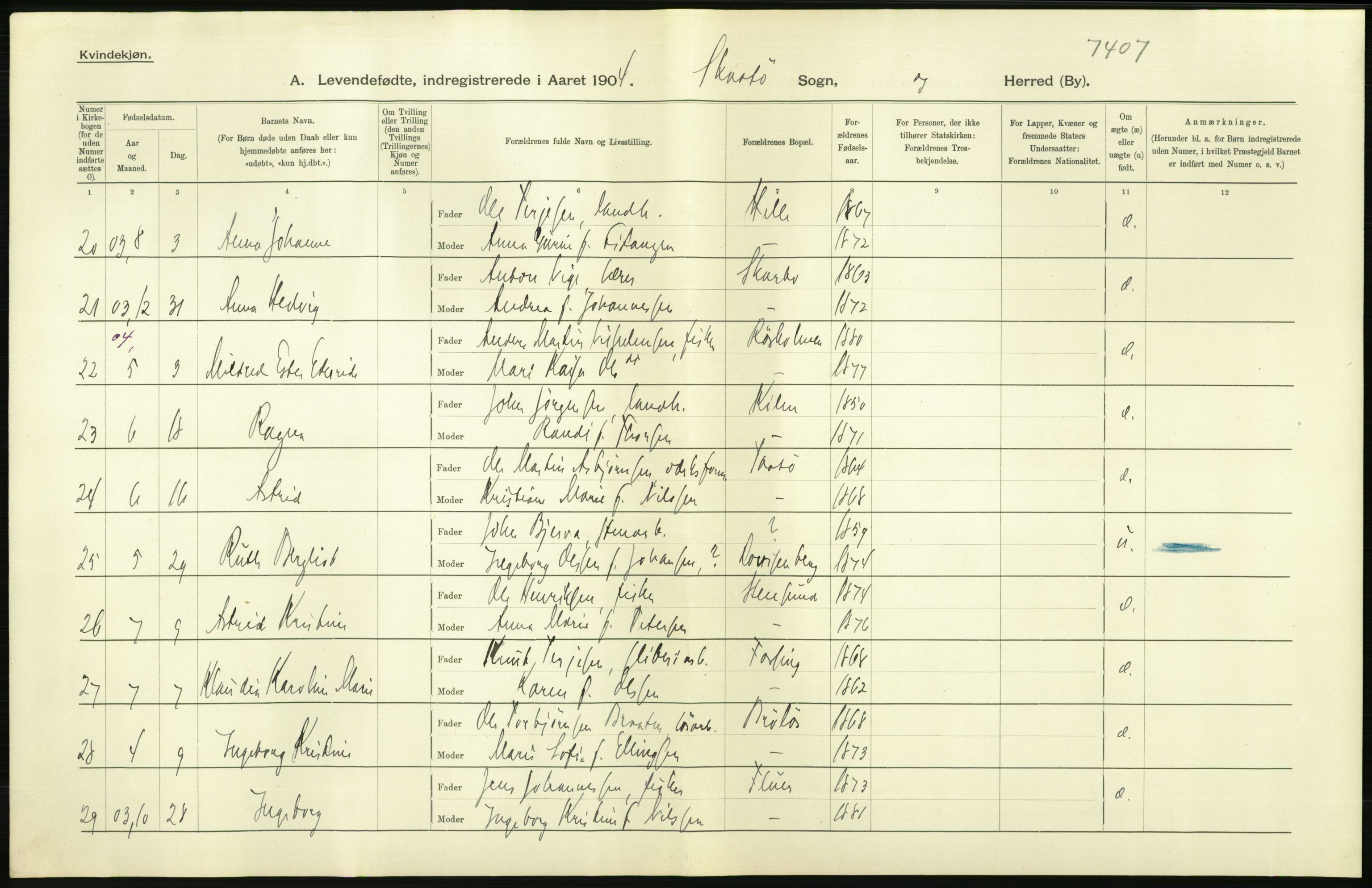 Statistisk sentralbyrå, Sosiodemografiske emner, Befolkning, AV/RA-S-2228/D/Df/Dfa/Dfab/L0009: Bratsberg amt: Fødte, gifte, døde, 1904, p. 38