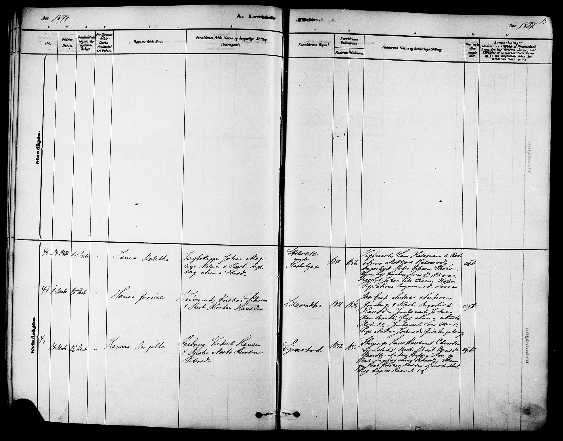 Ministerialprotokoller, klokkerbøker og fødselsregistre - Sør-Trøndelag, SAT/A-1456/616/L0410: Parish register (official) no. 616A07, 1878-1893, p. 13
