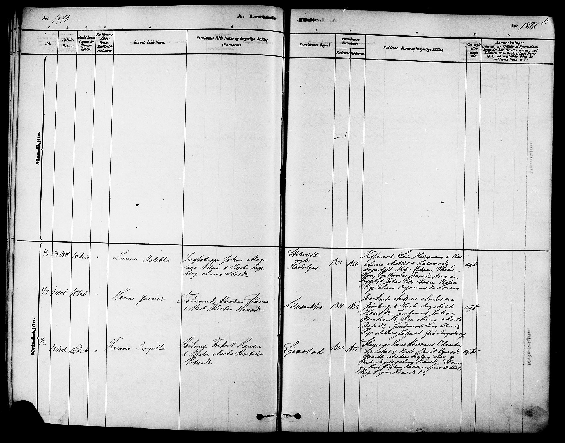 Ministerialprotokoller, klokkerbøker og fødselsregistre - Sør-Trøndelag, AV/SAT-A-1456/616/L0410: Parish register (official) no. 616A07, 1878-1893, p. 13