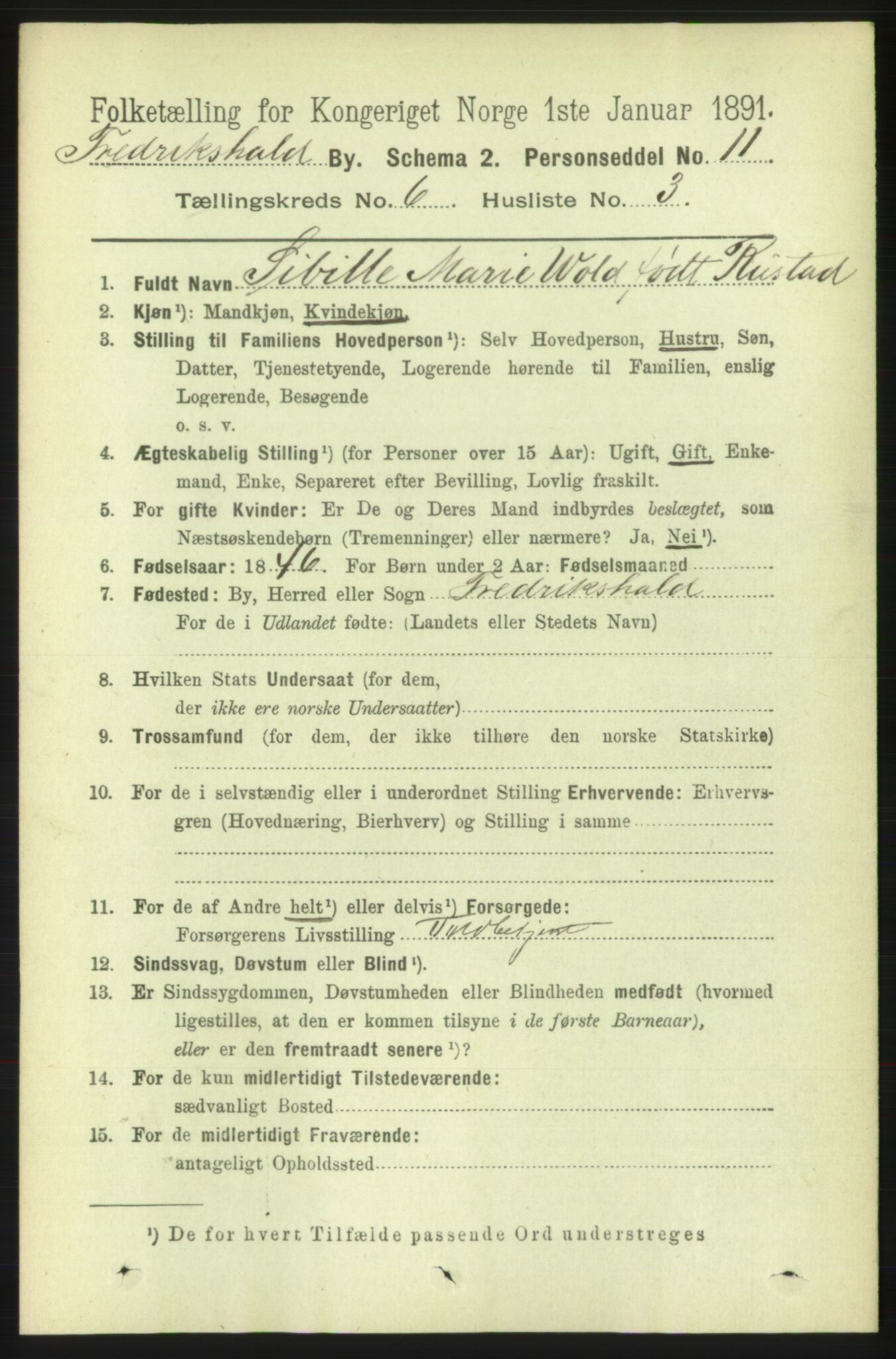 RA, 1891 census for 0101 Fredrikshald, 1891, p. 4511