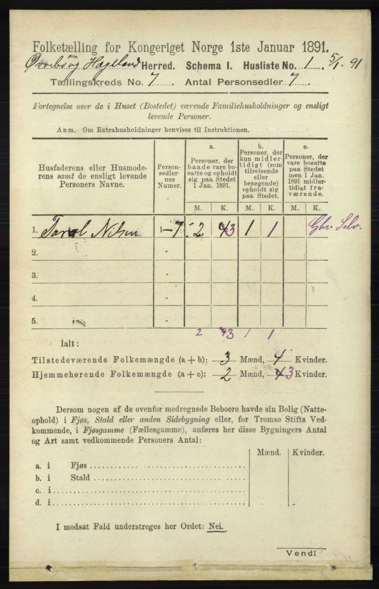 RA, 1891 census for 1016 Øvrebø og Hægeland, 1891, p. 1312