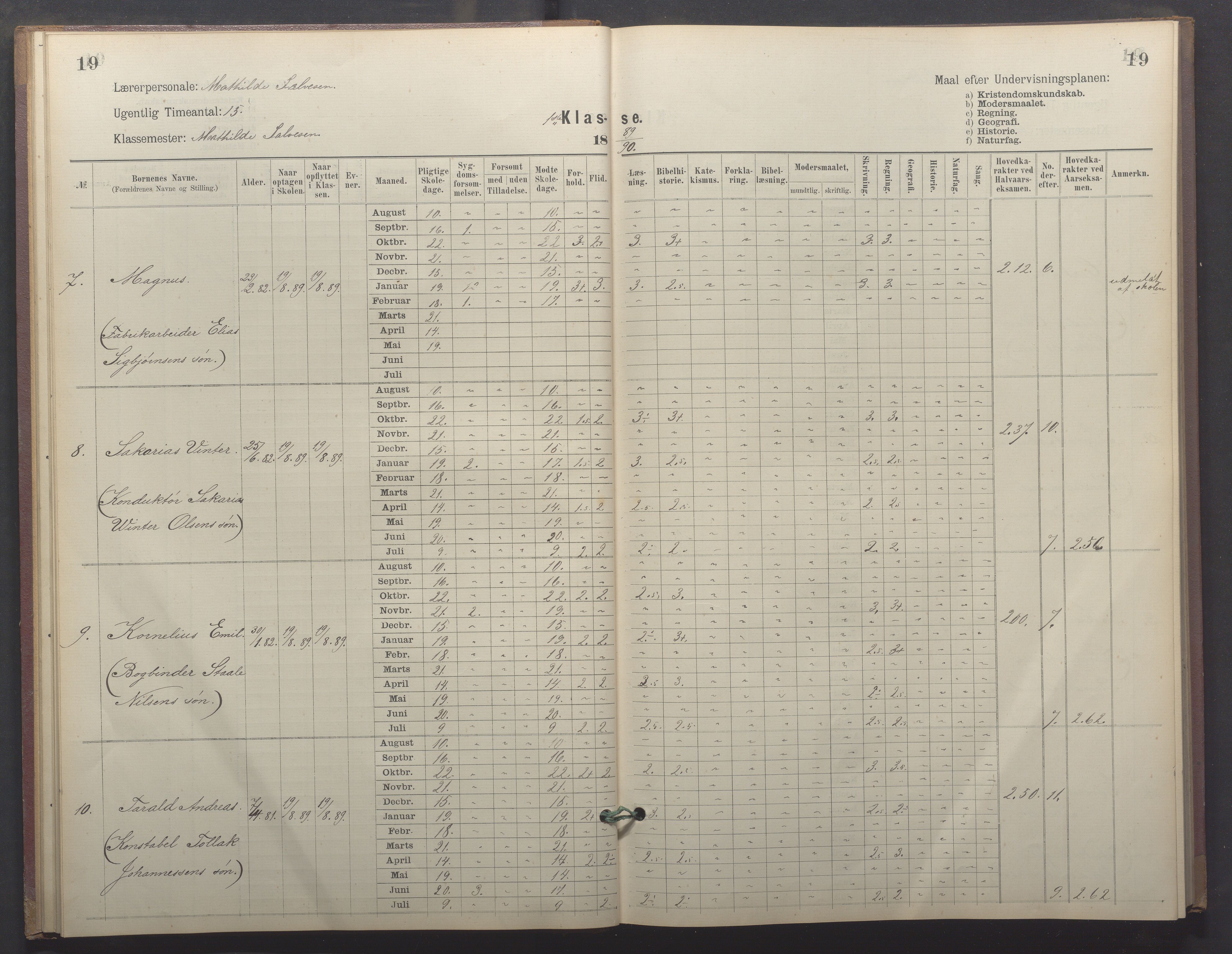 Egersund kommune (Ladested) - Egersund almueskole/folkeskole, IKAR/K-100521/H/L0026: Skoleprotokoll - Almueskolen, 1. klasse, 1889-1893, p. 19