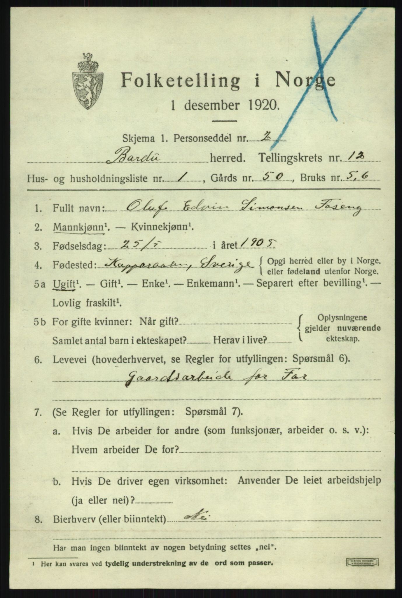 SATØ, 1920 census for Bardu, 1920, p. 3850