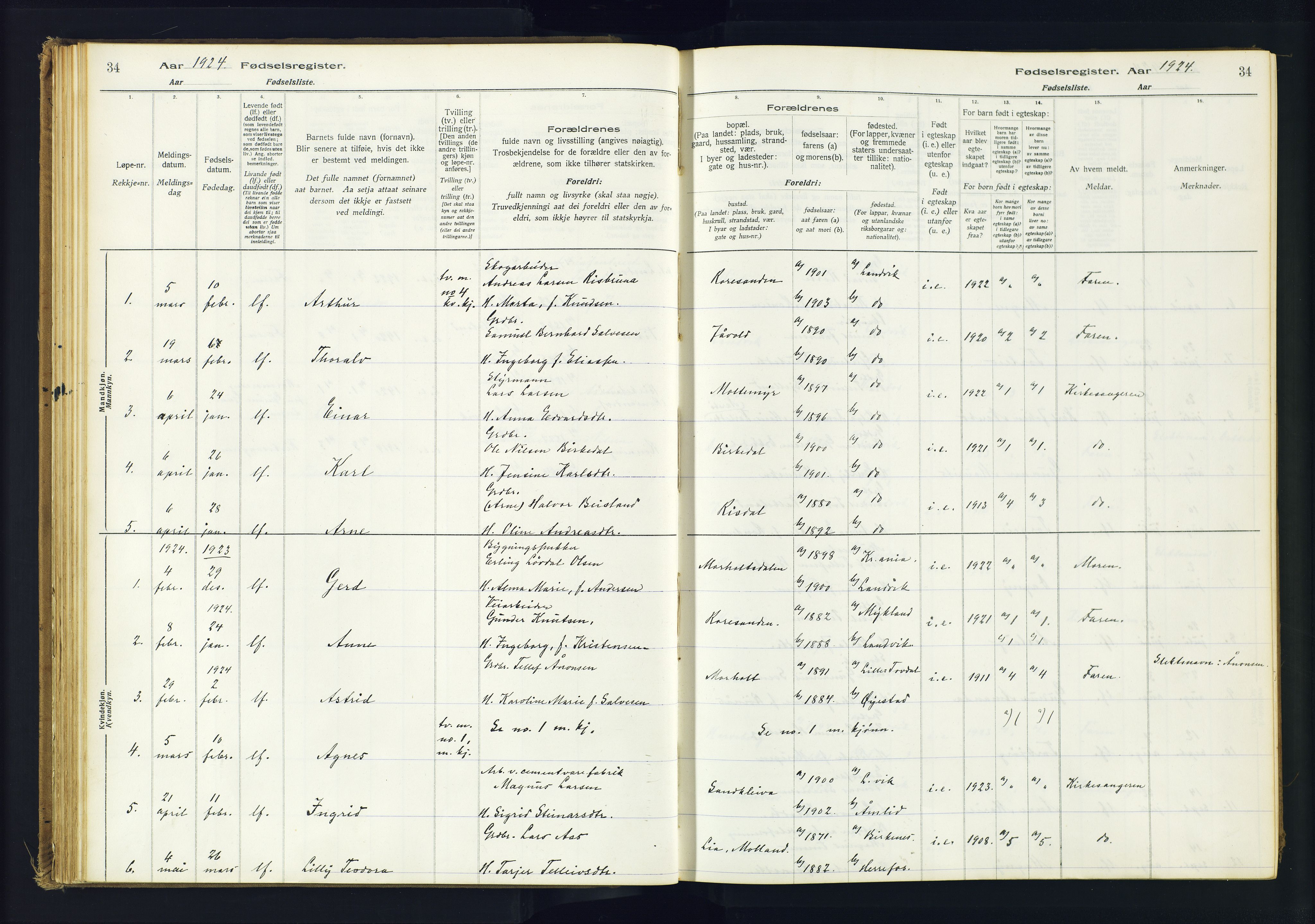 Hommedal sokneprestkontor, AV/SAK-1111-0023/J/Jd/L0001: Birth register no. 1, 1916-1962, p. 34