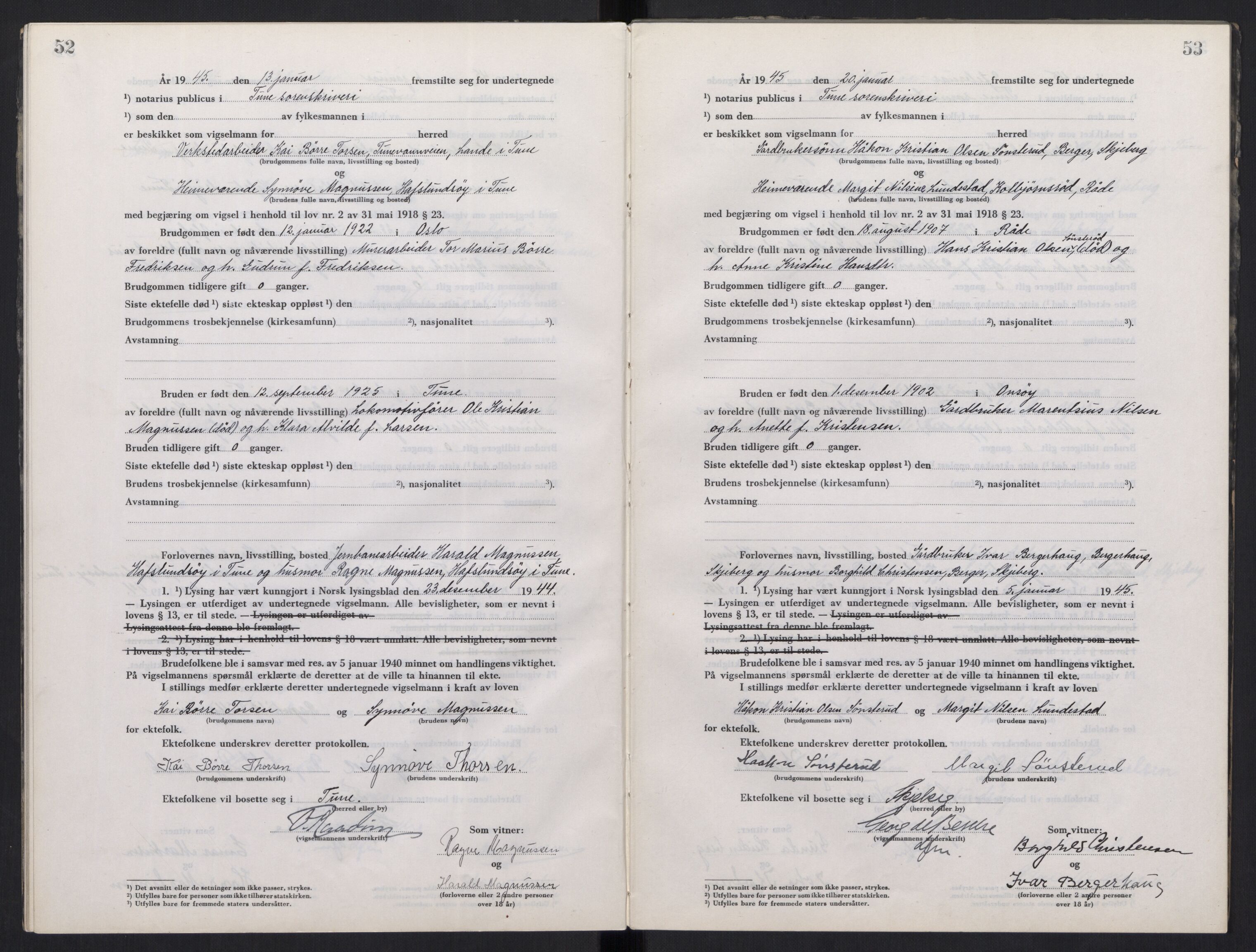 Tune sorenskriveri, AV/SAO-A-10470/L/Lb/L0003: Vigselprotokoll, 1944-1951, p. 52-53