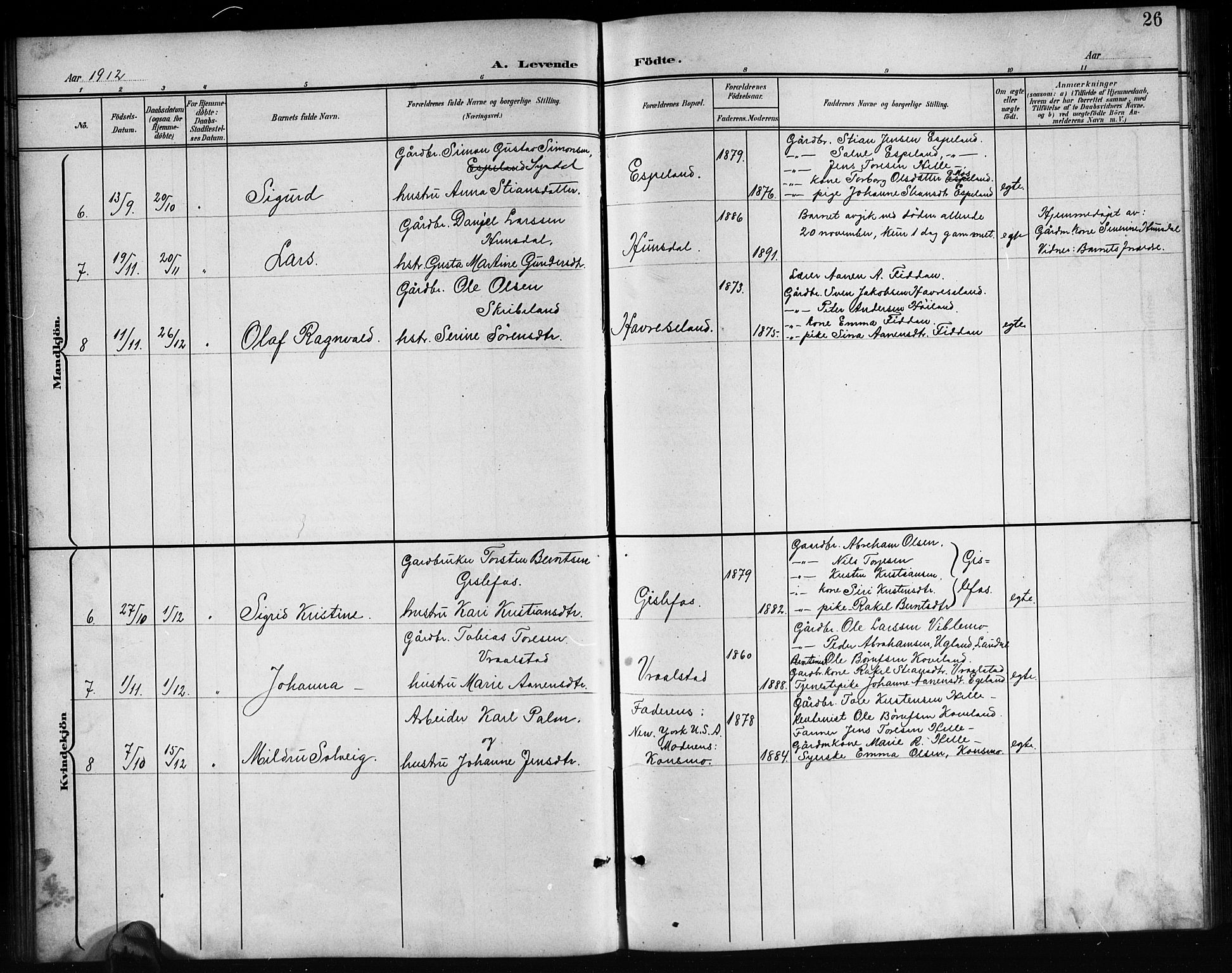 Nord-Audnedal sokneprestkontor, AV/SAK-1111-0032/F/Fb/Fba/L0004: Parish register (copy) no. B 4, 1901-1917, p. 26