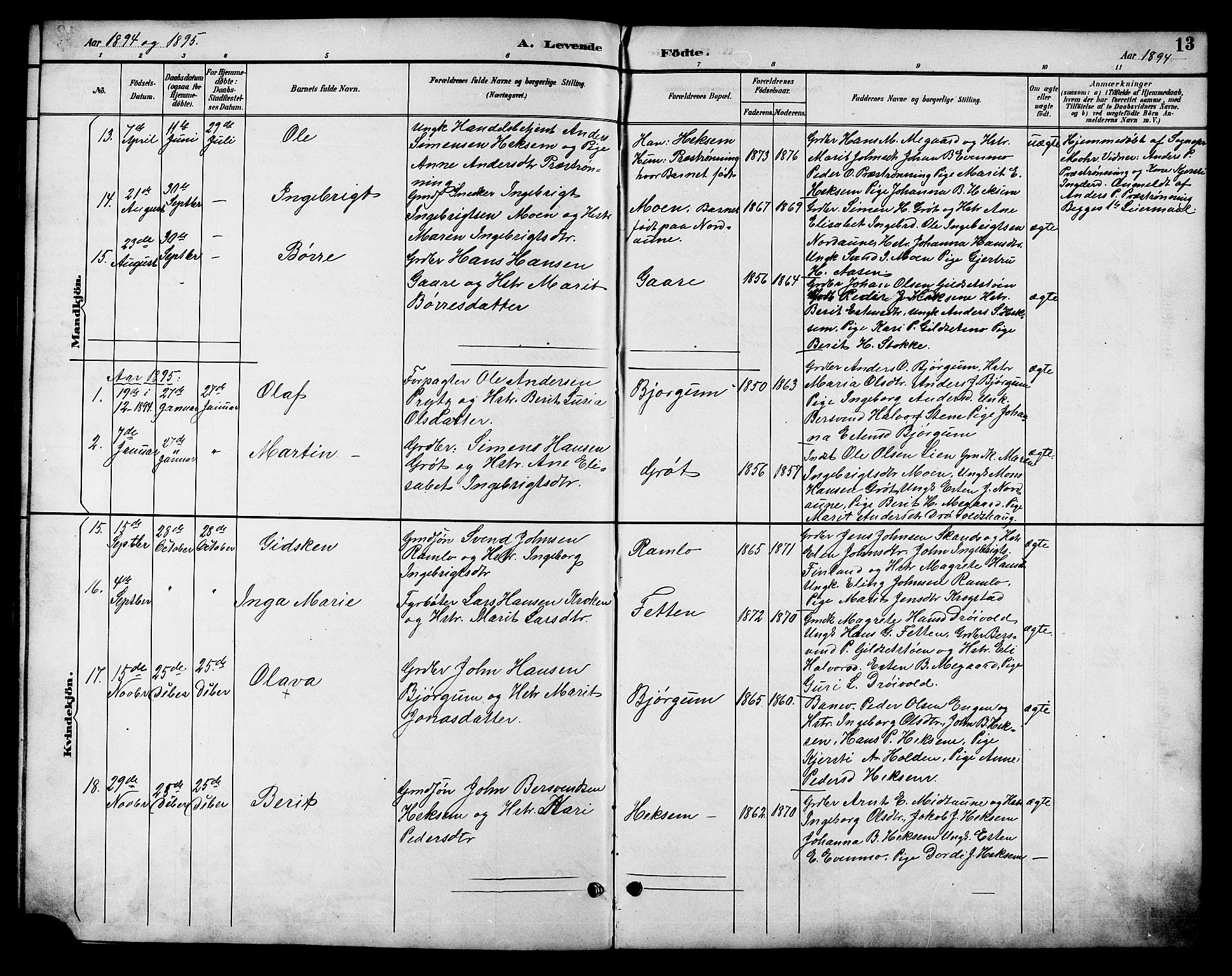 Ministerialprotokoller, klokkerbøker og fødselsregistre - Sør-Trøndelag, SAT/A-1456/685/L0978: Parish register (copy) no. 685C03, 1891-1907, p. 13