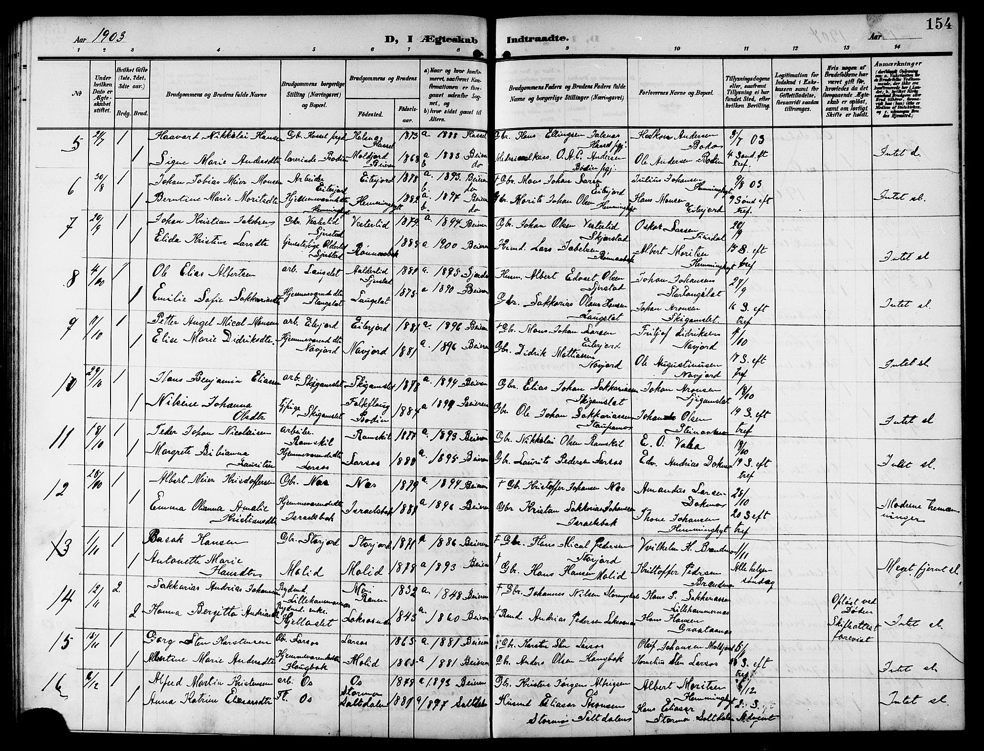 Ministerialprotokoller, klokkerbøker og fødselsregistre - Nordland, SAT/A-1459/846/L0655: Parish register (copy) no. 846C05, 1902-1916, p. 154
