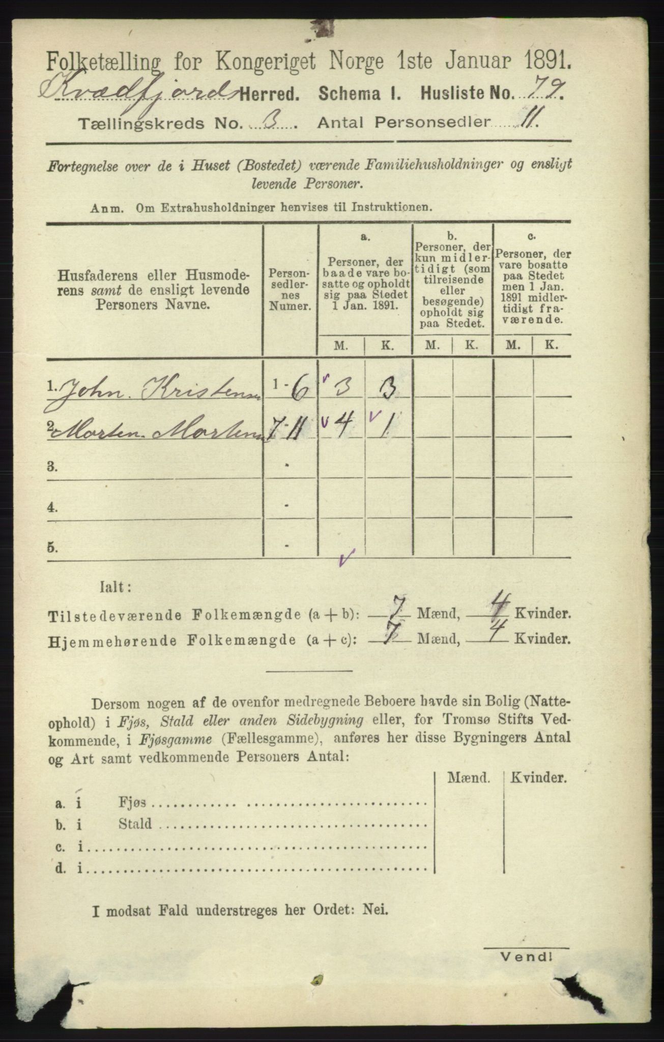 RA, 1891 census for 1911 Kvæfjord, 1891, p. 1299