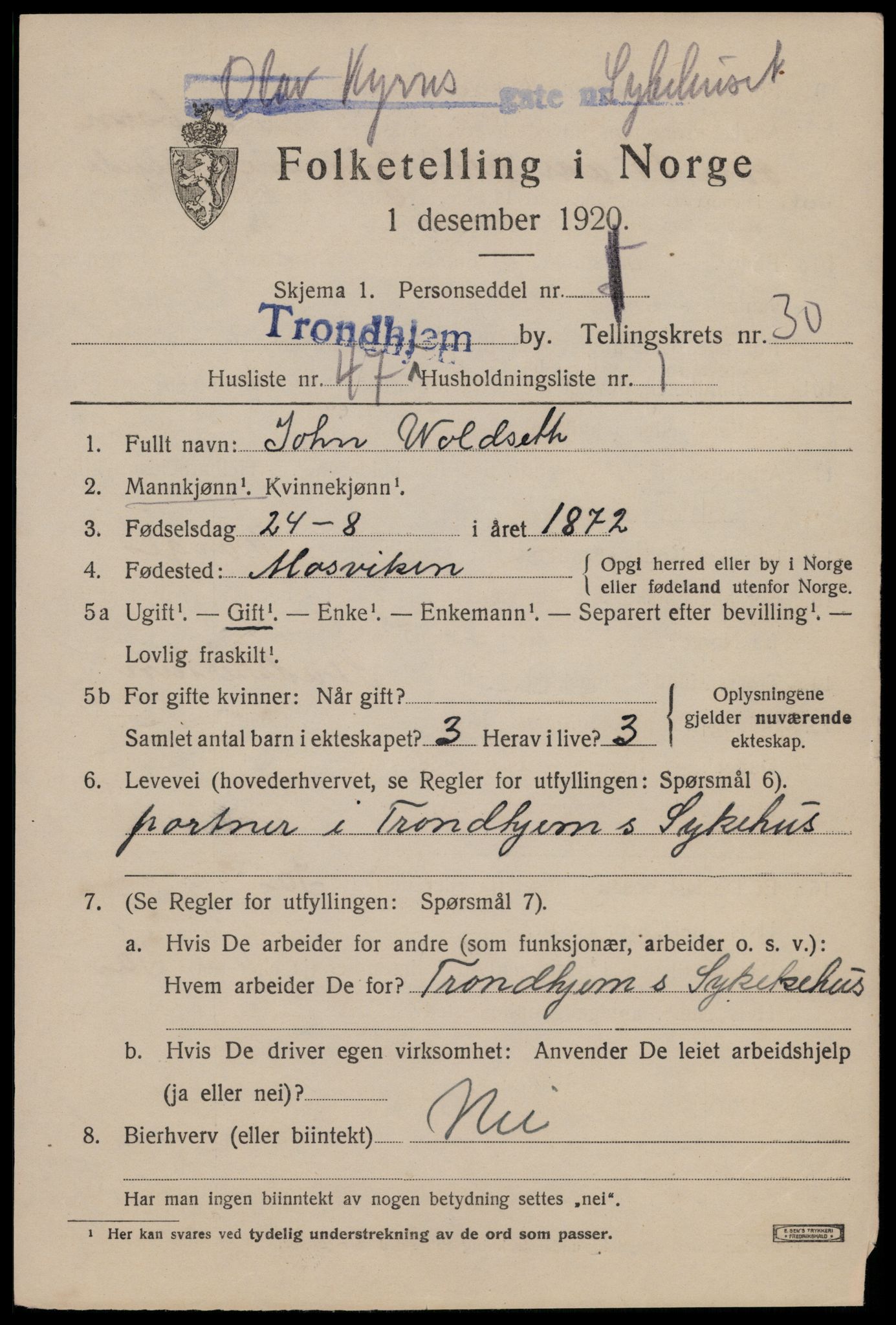 SAT, 1920 census for Trondheim, 1920, p. 74058