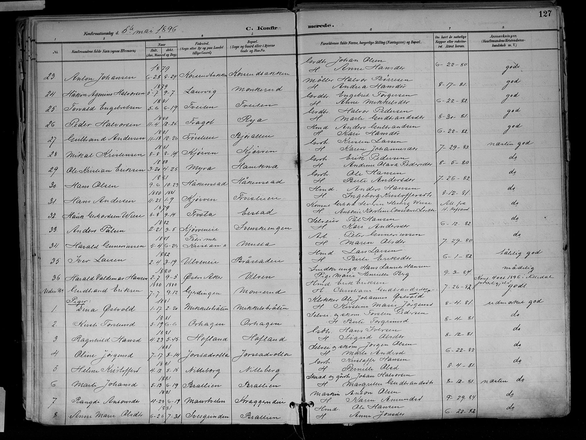 Jevnaker prestekontor, SAH/PREST-116/H/Ha/Haa/L0010: Parish register (official) no. 10, 1891-1906, p. 127