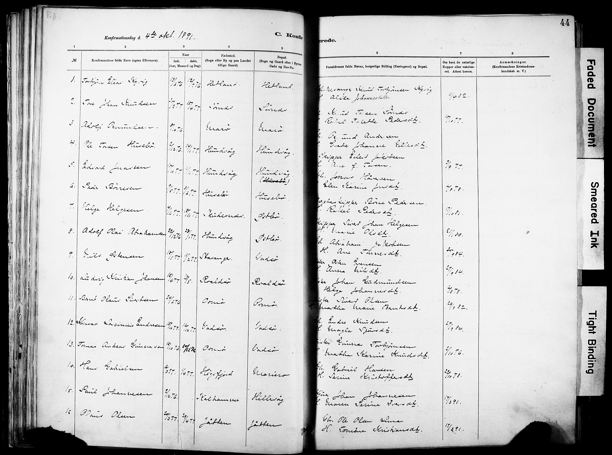 Hetland sokneprestkontor, SAST/A-101826/30/30BA/L0012: Parish register (official) no. A 12, 1882-1912, p. 44