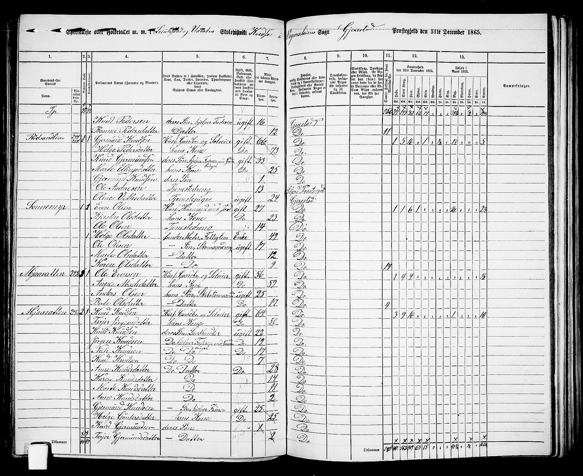 RA, 1865 census for Gjerstad, 1865, p. 139