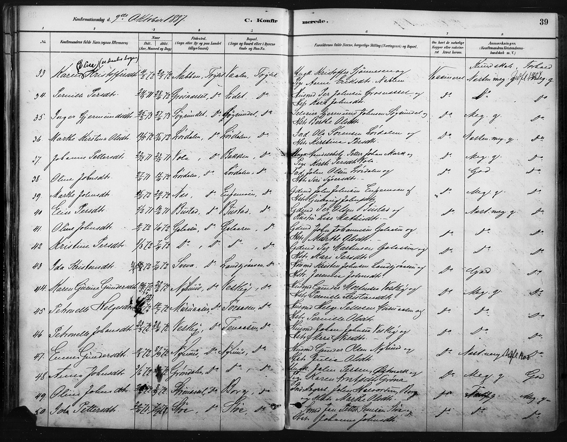 Trysil prestekontor, AV/SAH-PREST-046/H/Ha/Haa/L0009: Parish register (official) no. 9, 1881-1897, p. 39