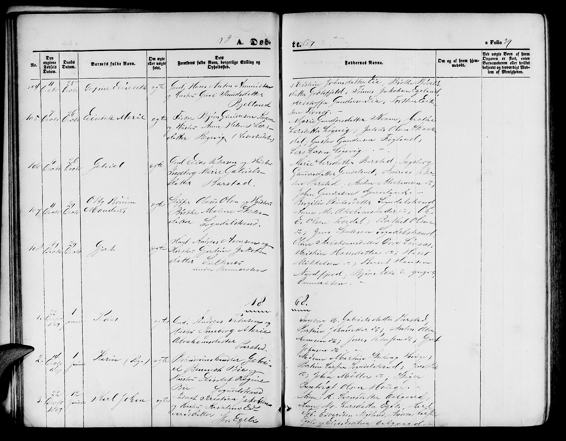 Sokndal sokneprestkontor, SAST/A-101808: Parish register (copy) no. B 3, 1865-1879, p. 39