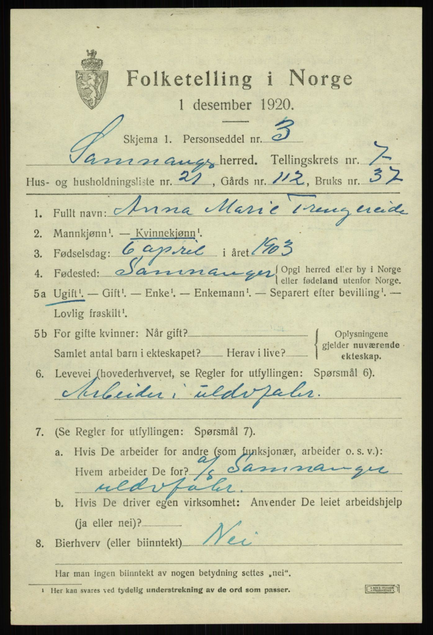 SAB, 1920 census for Samnanger, 1920, p. 3411