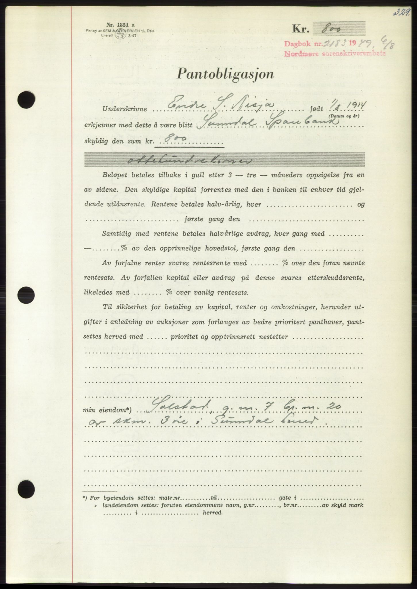 Nordmøre sorenskriveri, AV/SAT-A-4132/1/2/2Ca: Mortgage book no. B102, 1949-1949, Diary no: : 2183/1949