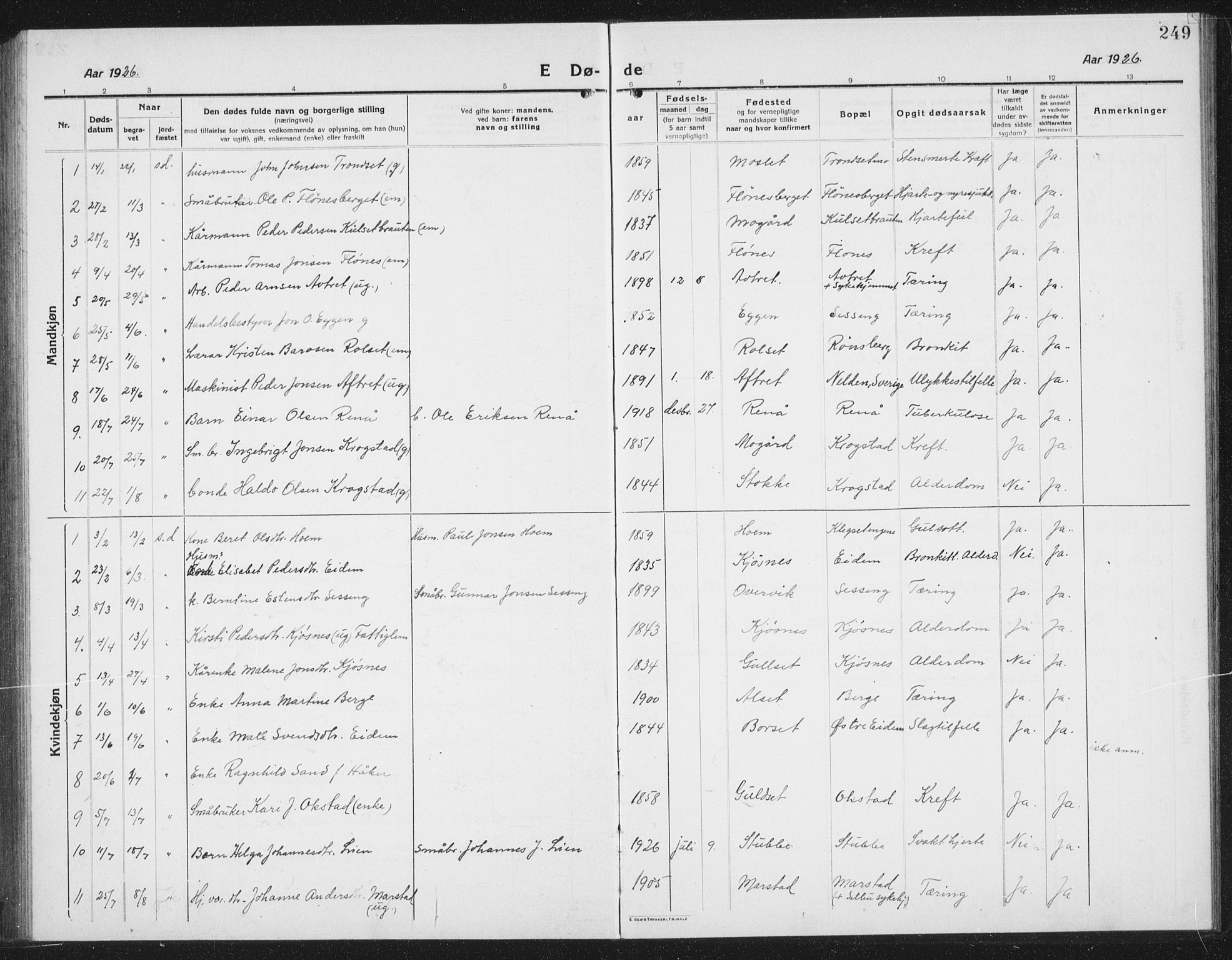 Ministerialprotokoller, klokkerbøker og fødselsregistre - Sør-Trøndelag, SAT/A-1456/695/L1158: Parish register (copy) no. 695C09, 1913-1940, p. 249