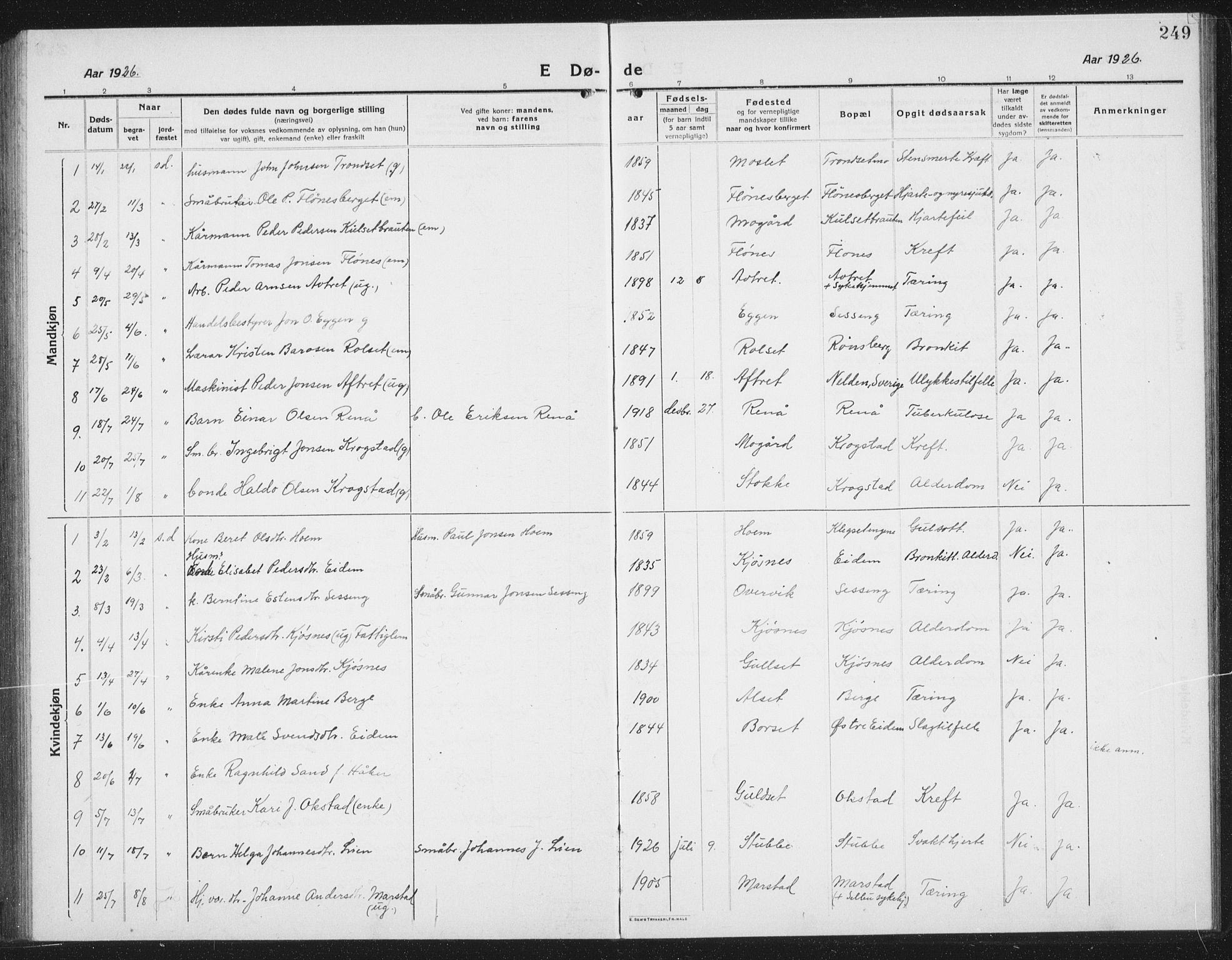 Ministerialprotokoller, klokkerbøker og fødselsregistre - Sør-Trøndelag, AV/SAT-A-1456/695/L1158: Parish register (copy) no. 695C09, 1913-1940, p. 249