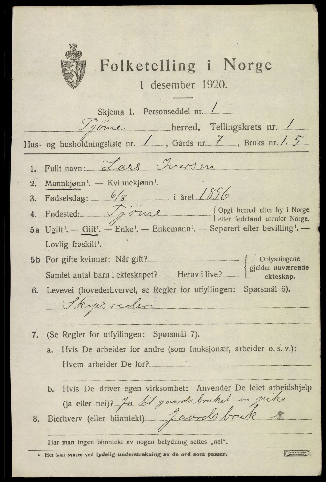 SAKO, 1920 census for Tjøme, 1920, p. 1509