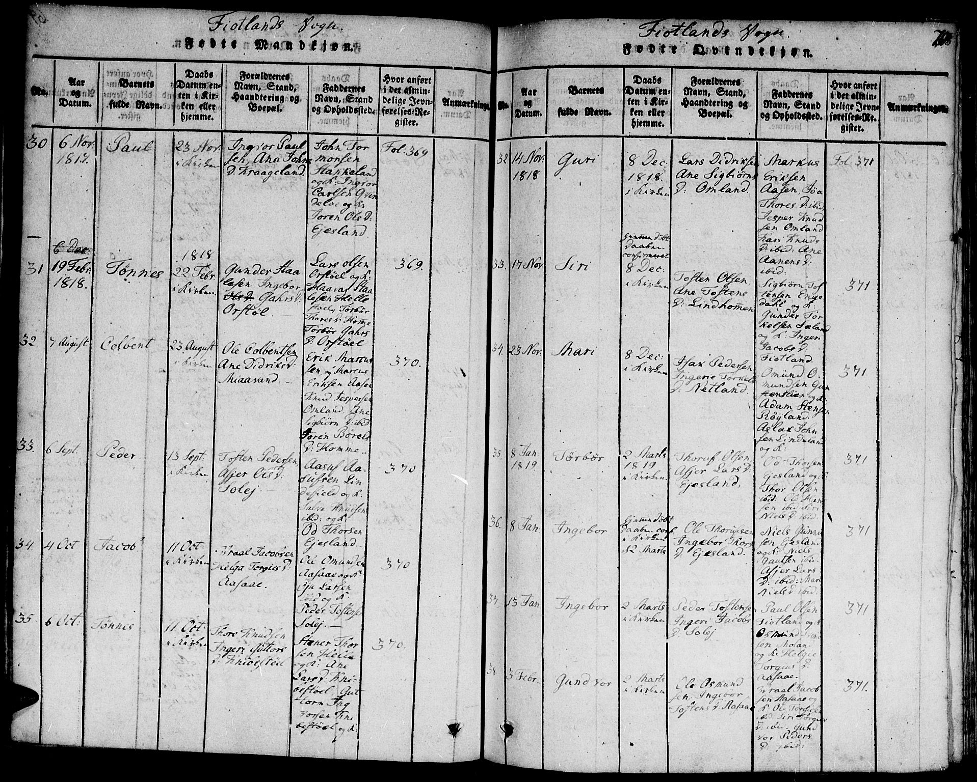 Hægebostad sokneprestkontor, SAK/1111-0024/F/Fa/Faa/L0002: Parish register (official) no. A 2 /3, 1816-1825, p. 70